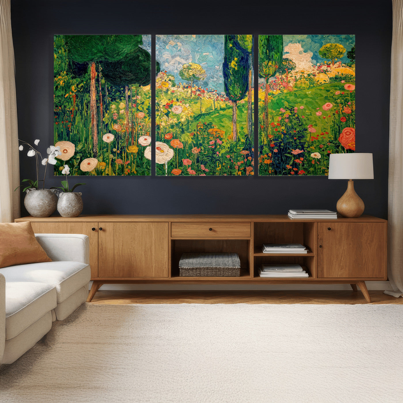 83517974-MGV-CV-36X24 - Gustav Klimt Boho Mountain Landscape Large Wall Art, Horizontal Gold Framed Canvas Print with Sun and Flowers