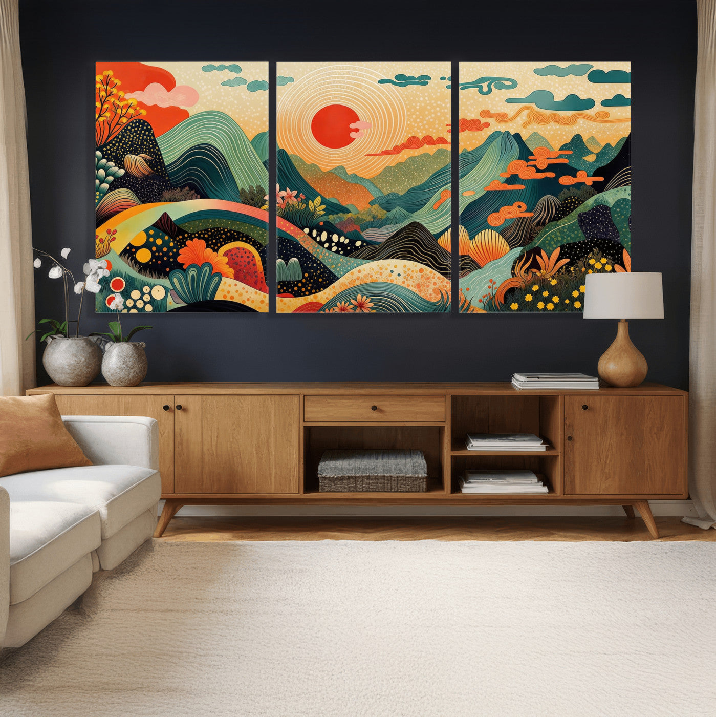 29927191-MGV-CV-36X24 - Yayoi Kusama Boho Mountain Landscape Large Wall Art, Horizontal Gold Framed Canvas Print with Sun and Flowers