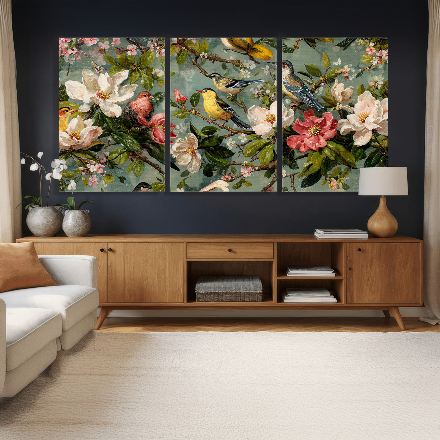 77883606-MGV-CV-36X24 - Vintage Birds and Flowers Wide Wall Art: Extra Large Panoramic Botanical Print
