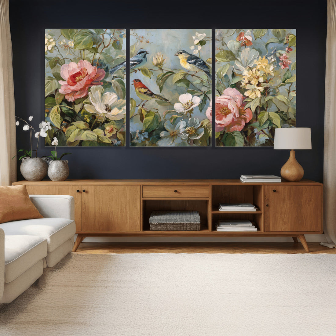 Vintage Birds and Flowers Wall Art Canvas Print, Botanical Bird Art