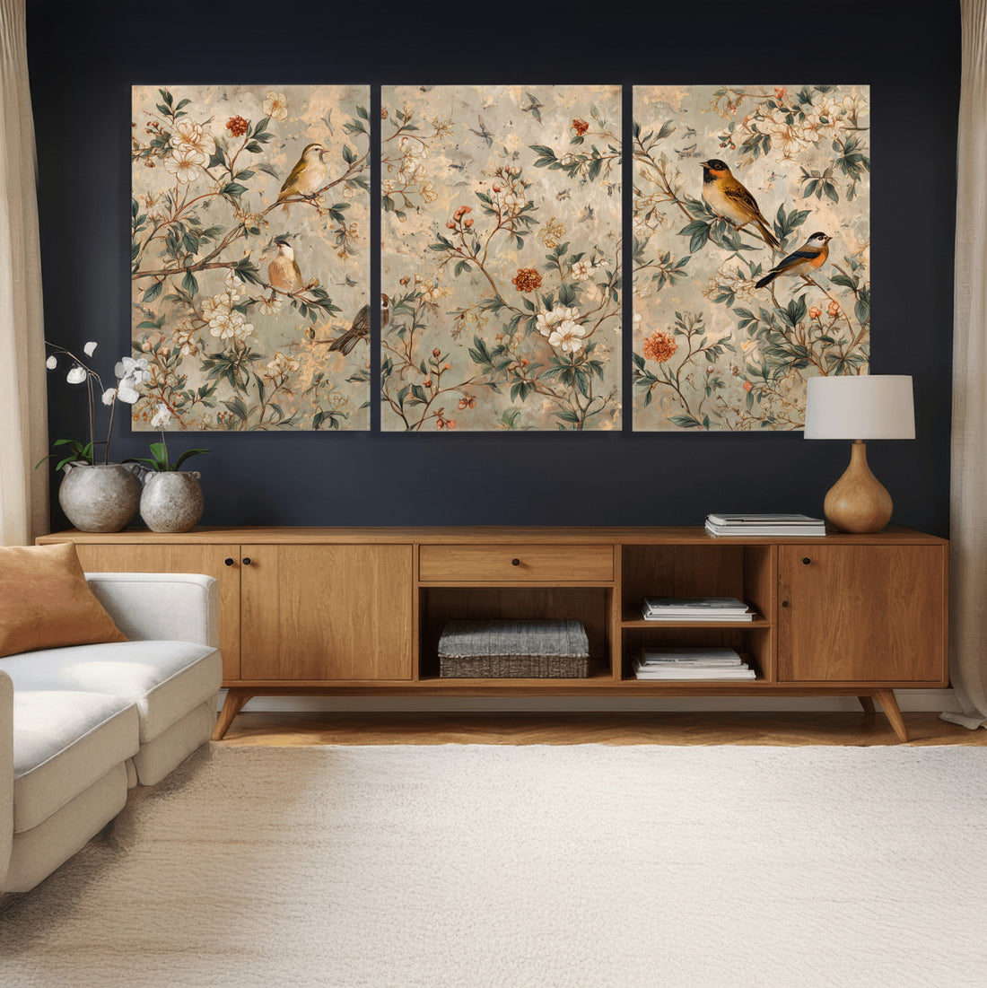 Vintage Birds and Flowers Wall Art Canvas Print, Botanical Bird Art