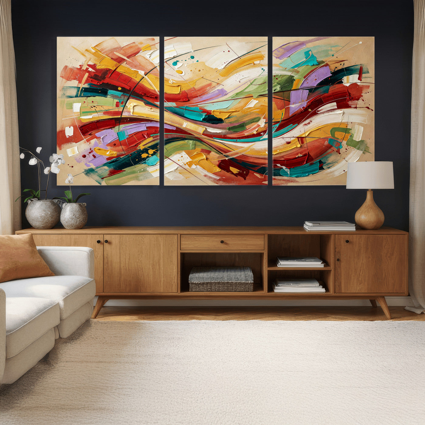 39887645-MGV-CV-36X24 - Geometric Abstract Wall Art Canvas Print, Orange Blue Abstract Expressionist Painting Print, Modern Geometric Abstract Canvas Art