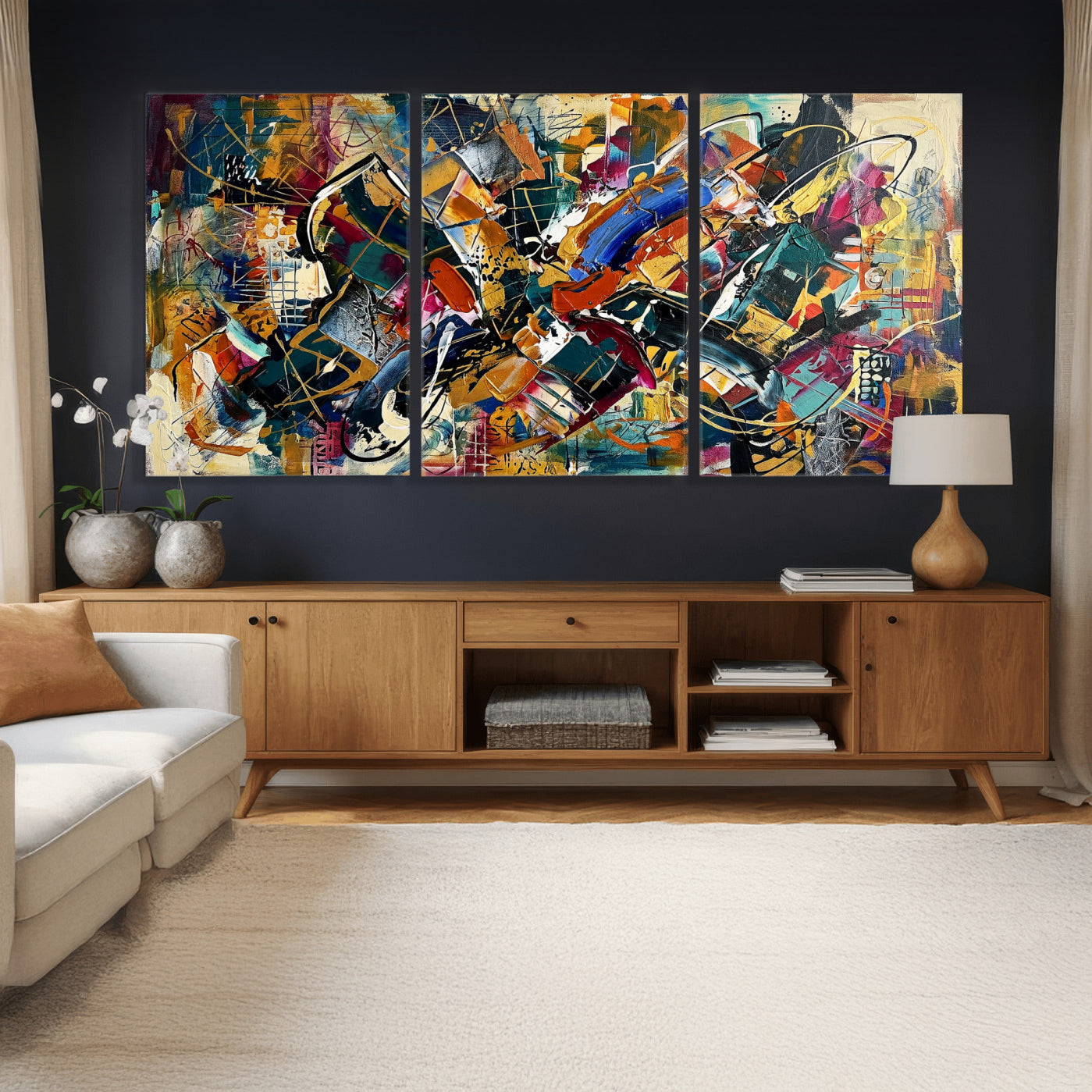 15525527-MGV-CV-36X24 - Geometric Abstract Wall Art Canvas Print, Orange Blue Abstract Expressionist Painting Print, Modern Geometric Abstract Canvas Art