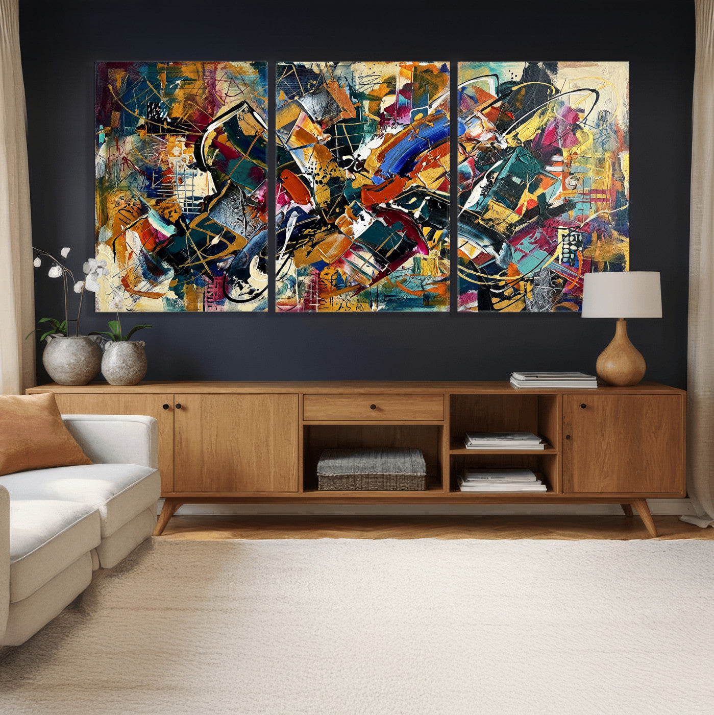 15525527-MGV-CV-36X24 - Geometric Abstract Wall Art Canvas Print, Orange Blue Abstract Expressionist Painting Print, Modern Geometric Abstract Canvas Art