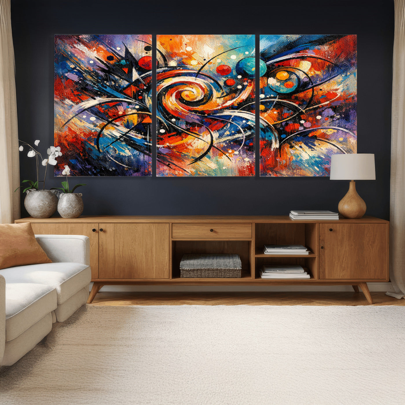 60193267-MGV-CV-36X24 - Geometric Abstract Wall Art Canvas Print, Orange Blue Abstract Expressionist Painting Print, Modern Geometric Abstract Canvas Art