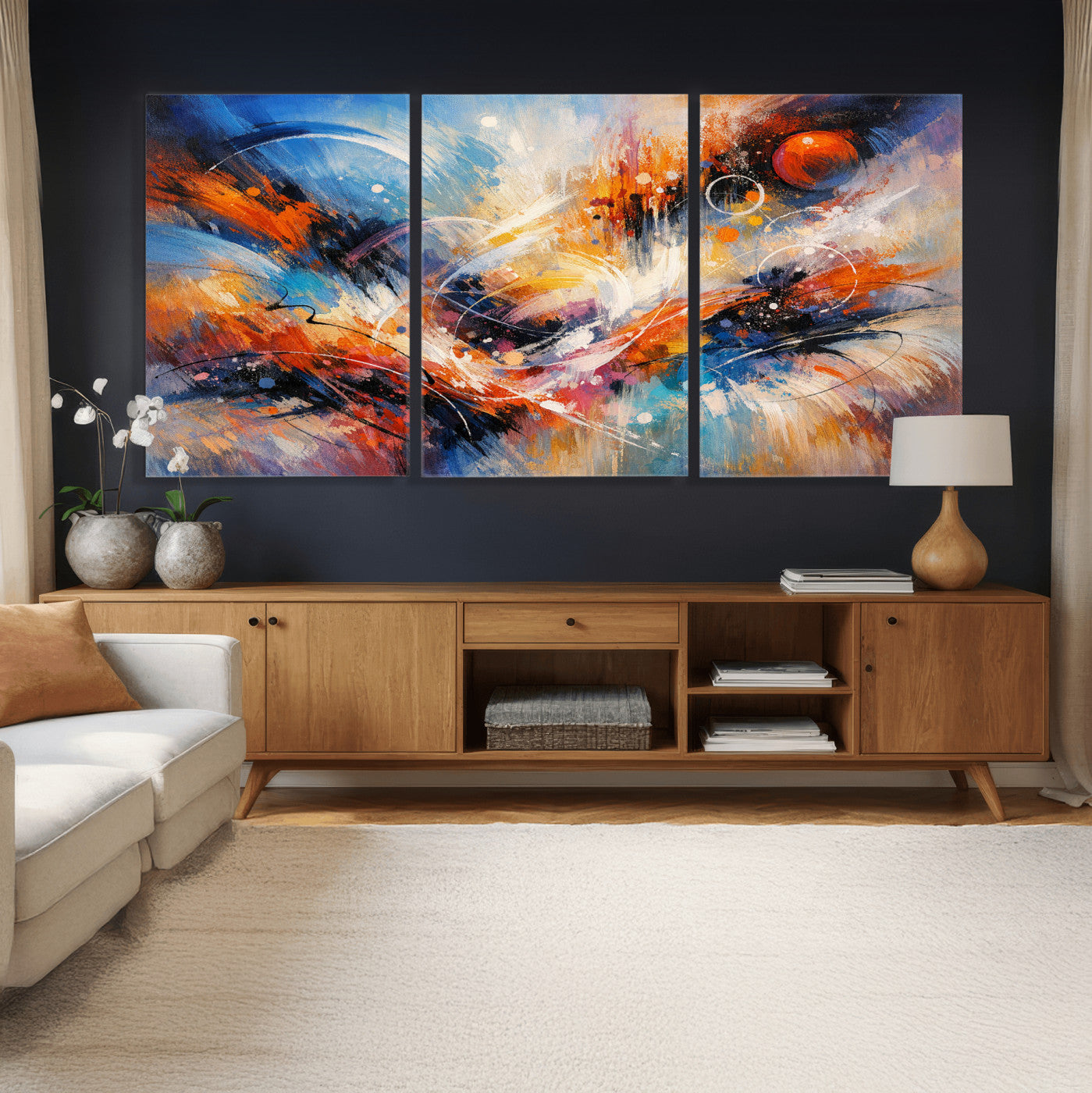 47770355-MGV-CV-36X24 - Geometric Abstract Wall Art Canvas Print, Orange Blue Abstract Expressionist Painting Print, Modern Geometric Abstract Canvas Art