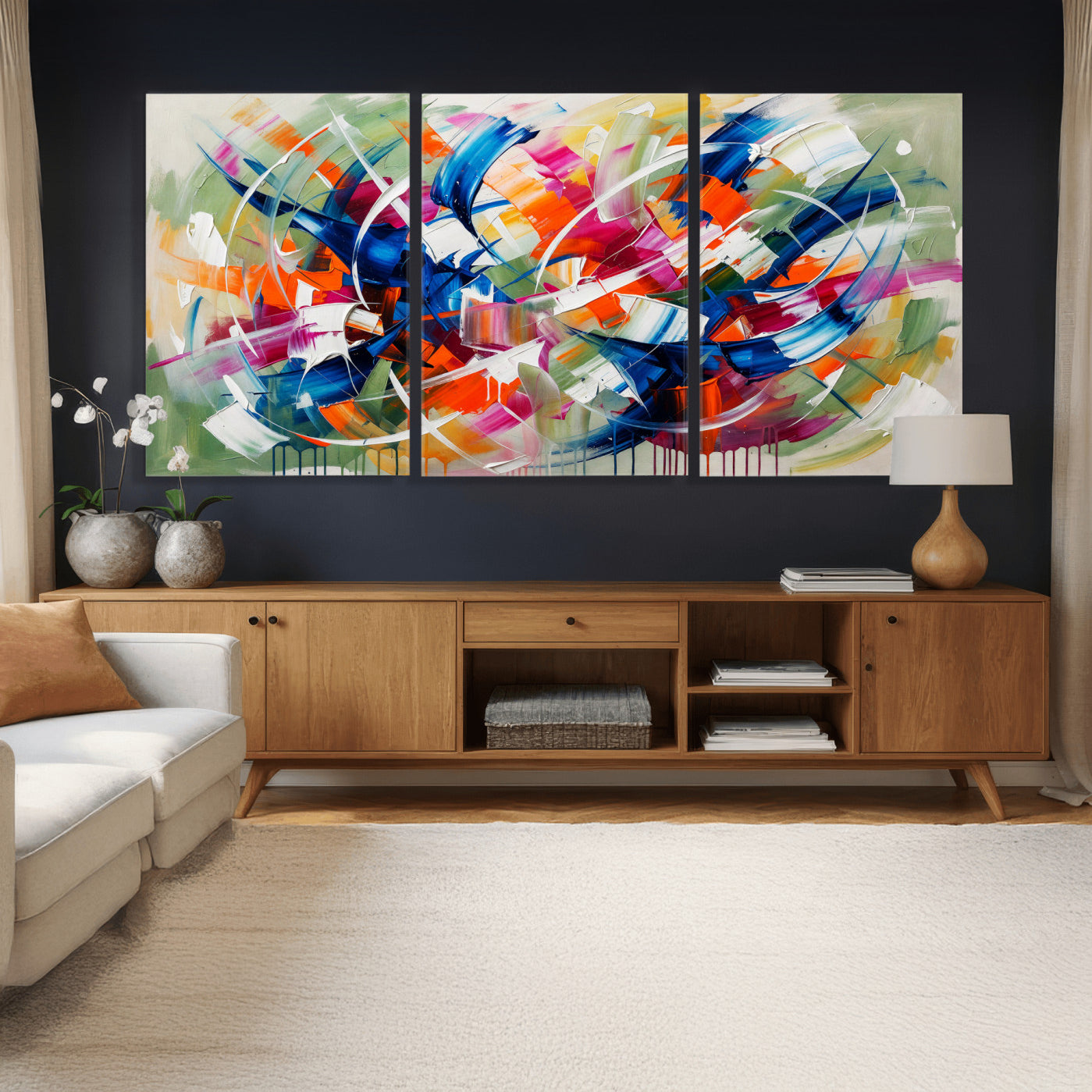 15032888-MGV-CV-36X24 - Geometric Abstract Wall Art Canvas Print, Orange Blue Abstract Expressionist Painting Print, Modern Geometric Abstract Canvas Art