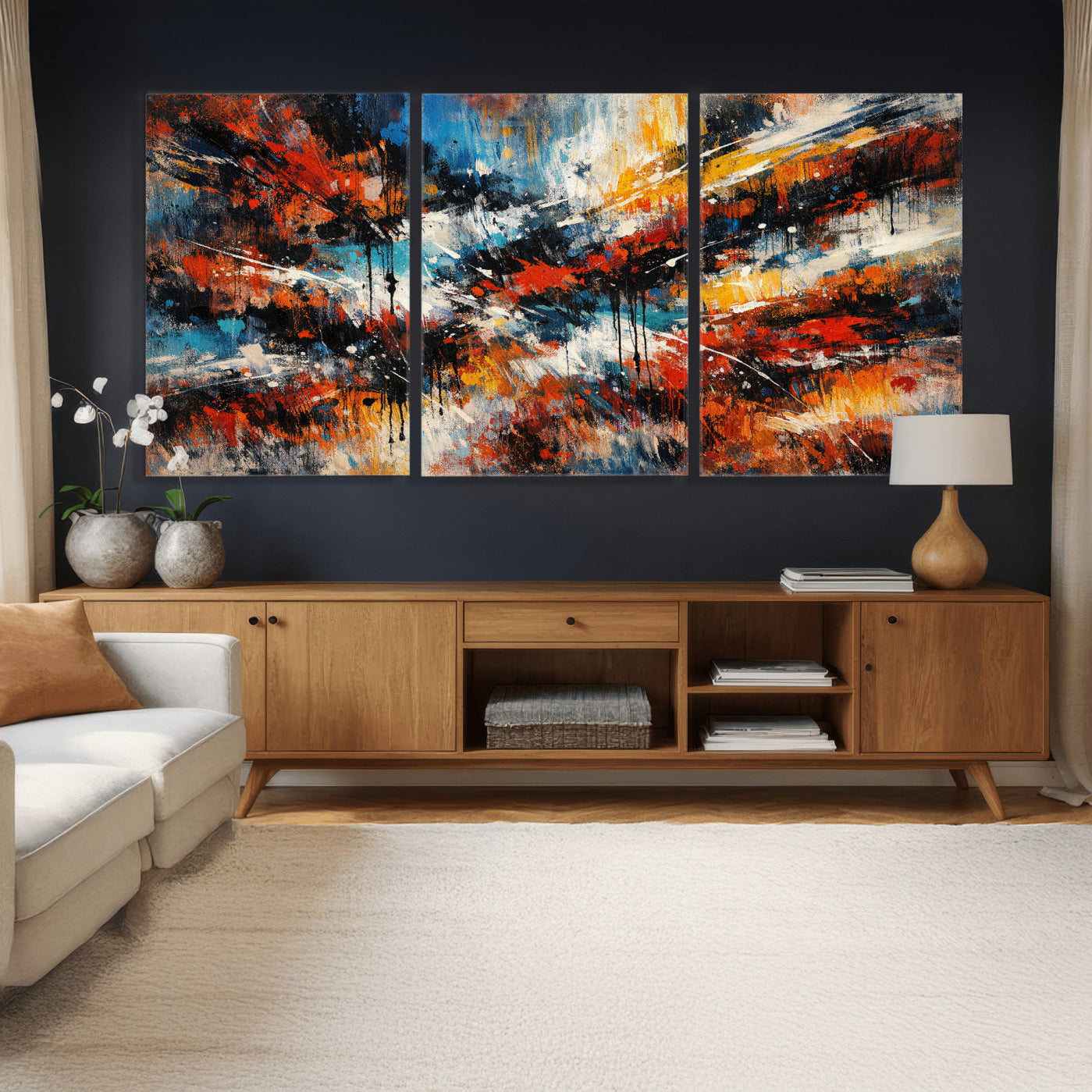 80276069-MGV-CV-36X24 - Geometric Abstract Wall Art Canvas Print, Orange Blue Abstract Expressionist Painting Print, Modern Geometric Abstract Canvas Art