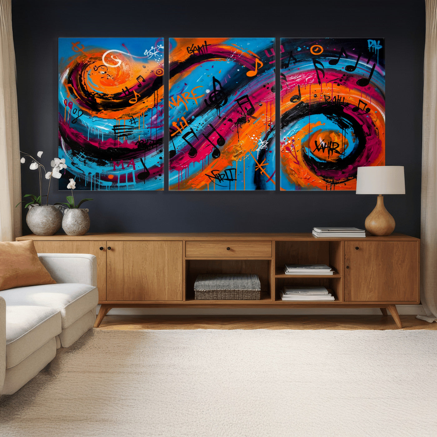 34936518-MGV-CV-36X24 - Geometric Abstract Wall Art Canvas Print, Orange Blue Abstract Expressionist Painting Print, Modern Geometric Abstract Canvas Art