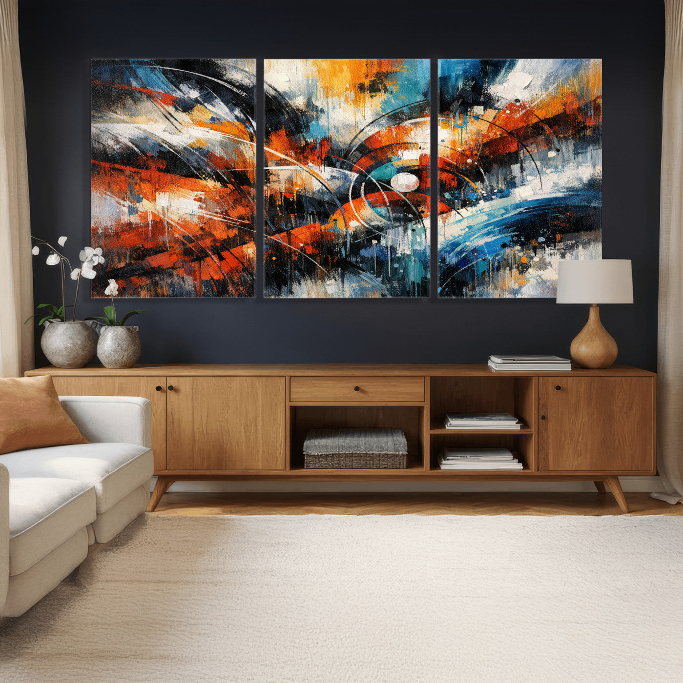 47120691-MGV-CV-36X24 - Geometric Abstract Wall Art Canvas Print, Orange Blue Abstract Expressionist Painting Print, Modern Geometric Abstract Canvas Art