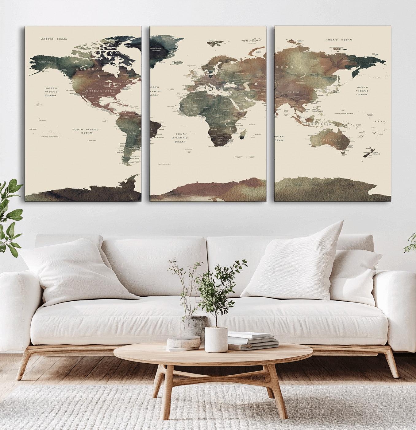 -Neutral Watercolor World Map Canvas Wall Art – Framed Earth Tone Map Print, Minimalist Travel Artwork for Modern Home and Office Decor