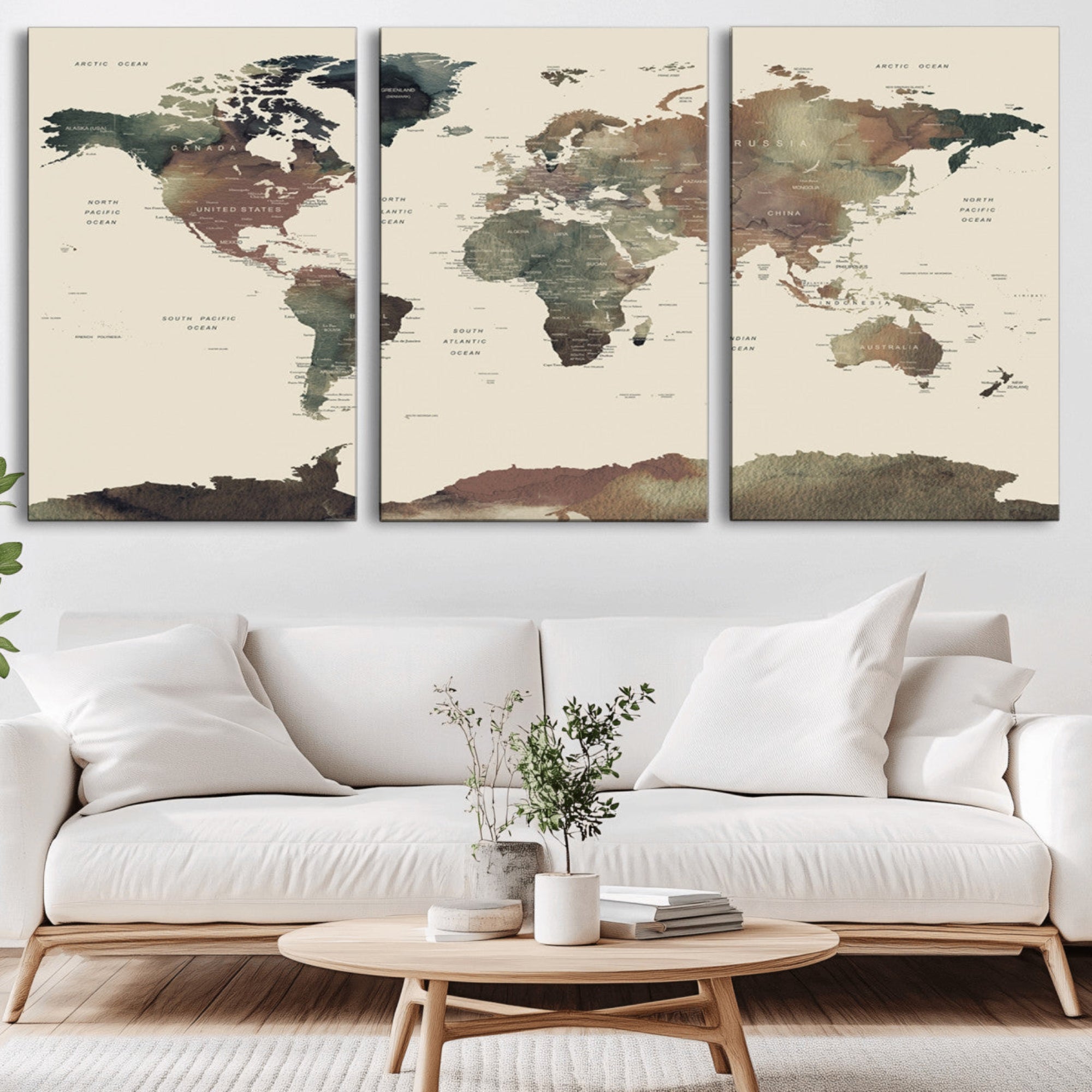 23199-MGV-CV-36X24-Neutral Watercolor World Map Canvas Wall Art – Framed Earth Tone Map Print, Minimalist Travel Artwork for Modern Home and Office Decor