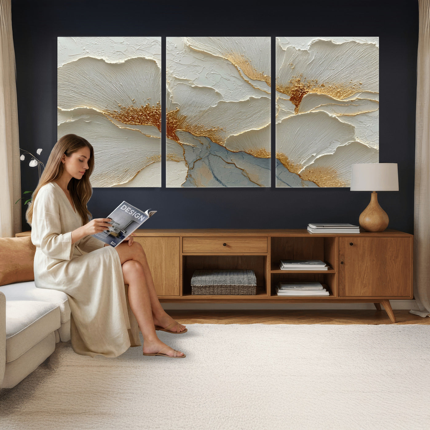 4712069F1-MGV-CV-36X24 - White Gold Floral Canvas Wall Art — Textured Flower Print | Luxury Botanical Decor | Elegant Bedroom Art | Gold Leaf Wall Art Gift