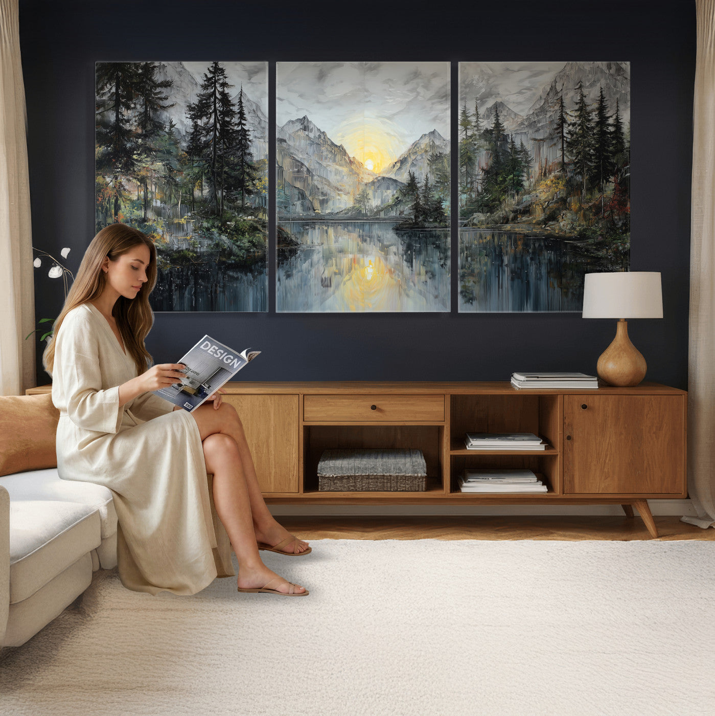 72377107-MGV-CV-60X30-3P - Drip Style Forest Lake Gold Art — Abstract Expressionist Mountain Print | Grey Pine Tree Canvas | Moody Nature Wall Decor | Large Panoramic Art