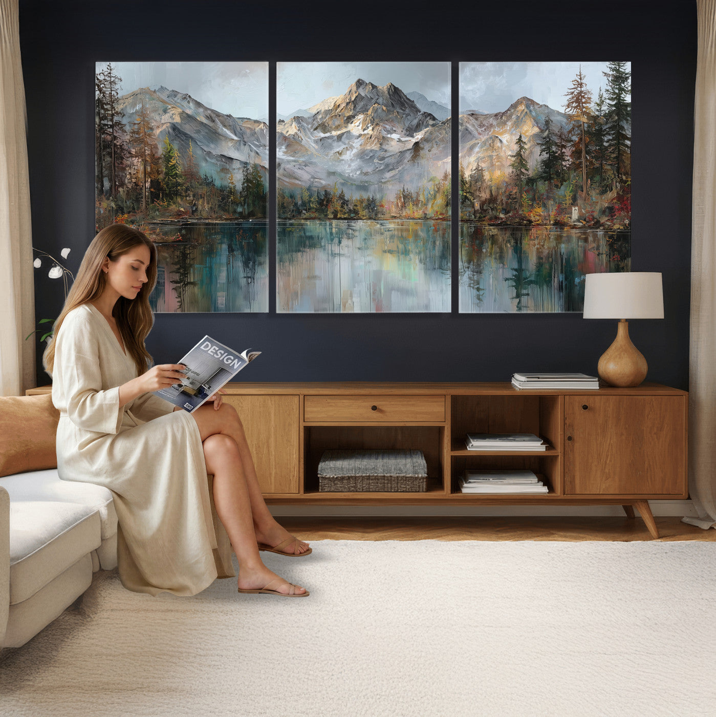 15527546-MGV-CV-60X30-3P - Drip Style Forest Lake Gold Art — Abstract Expressionist Mountain Print | Grey Pine Tree Canvas | Moody Nature Wall Decor | Large Panoramic Art