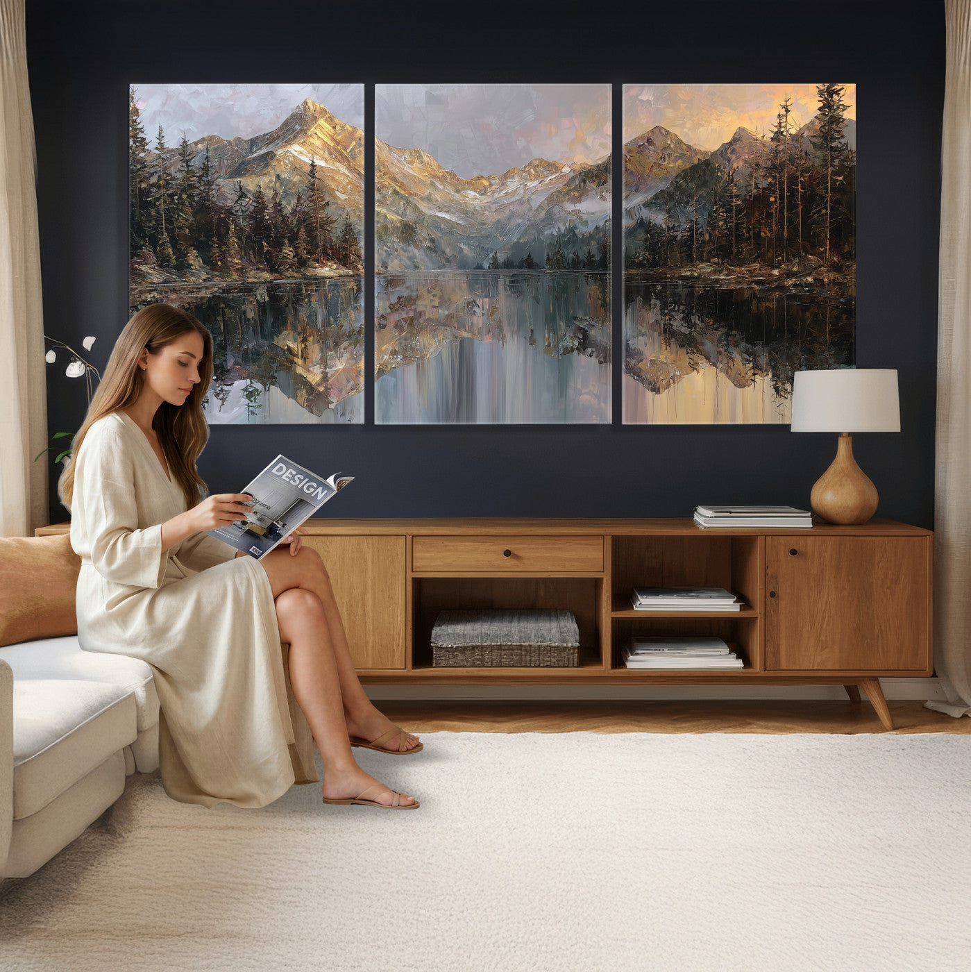 37675699-MGV-CV-60X30-3P - Drip Style Forest Lake Gold Art — Abstract Expressionist Mountain Print | Grey Pine Tree Canvas | Moody Nature Wall Decor | Large Panoramic Art