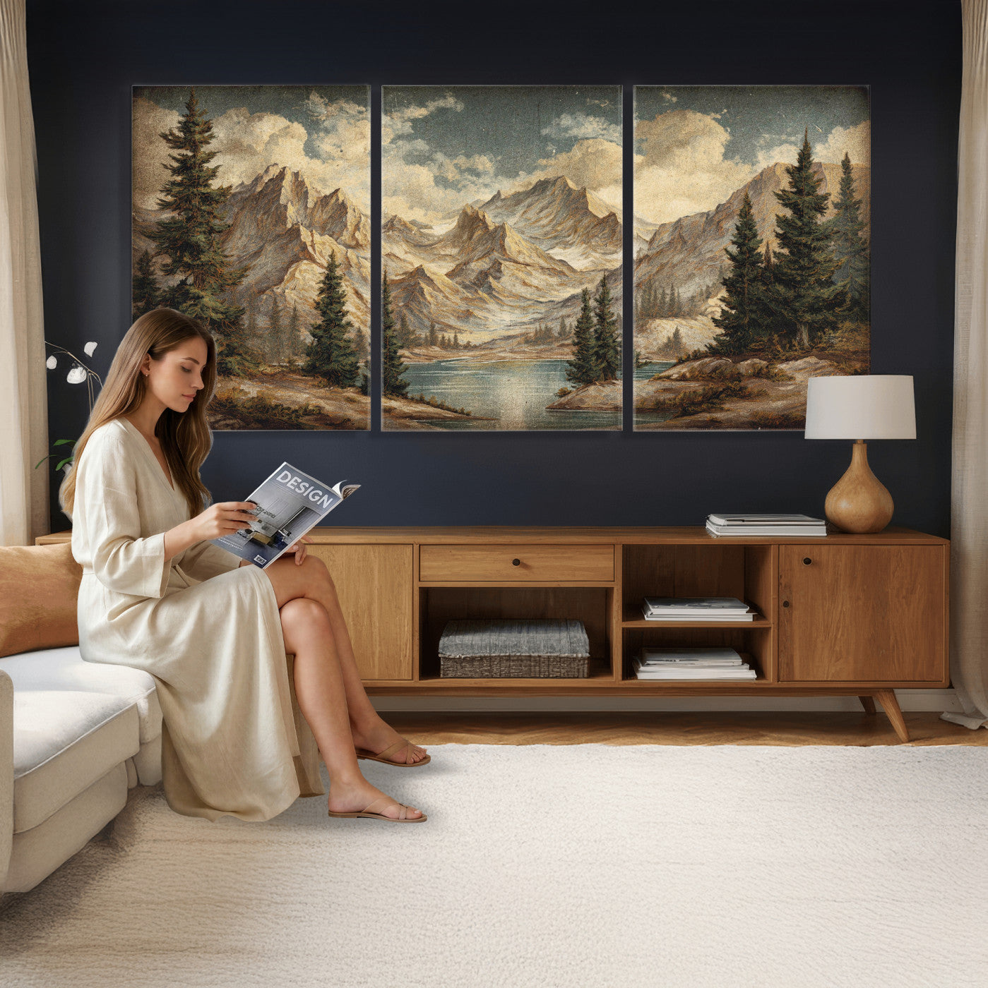 62093020-MGV-CV-60X30-3P - Drip Style Forest Lake Gold Art — Abstract Expressionist Mountain Print | Grey Pine Tree Canvas | Moody Nature Wall Decor | Large Panoramic Art