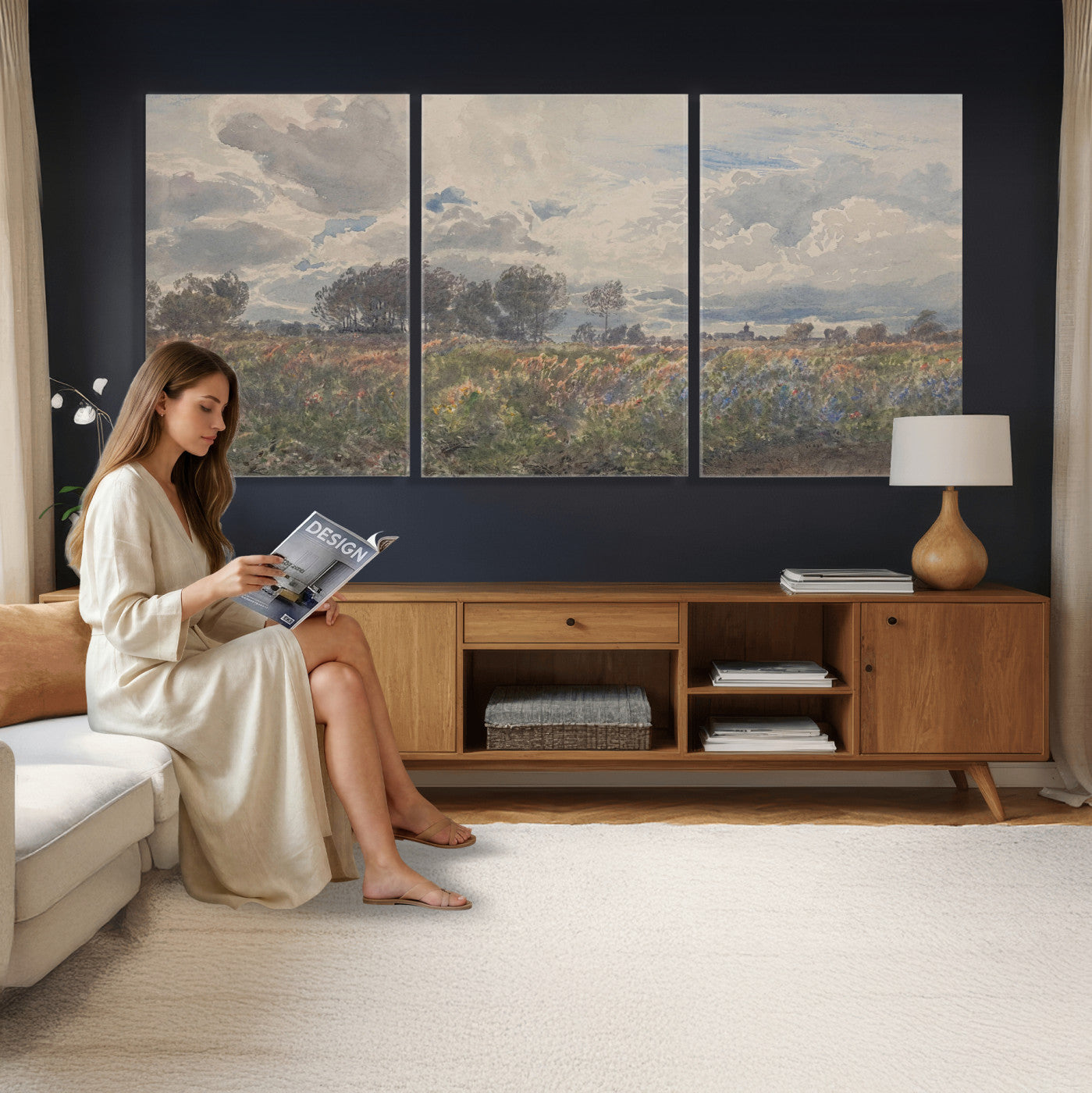 76626885-MGV-CV-36X24 - Vintage Watercolor Meadow Canvas Wall Art — English Pastoral Wildflower Storm Sky Print | Cottagecore Nature Decor | Classic Landscape Gift