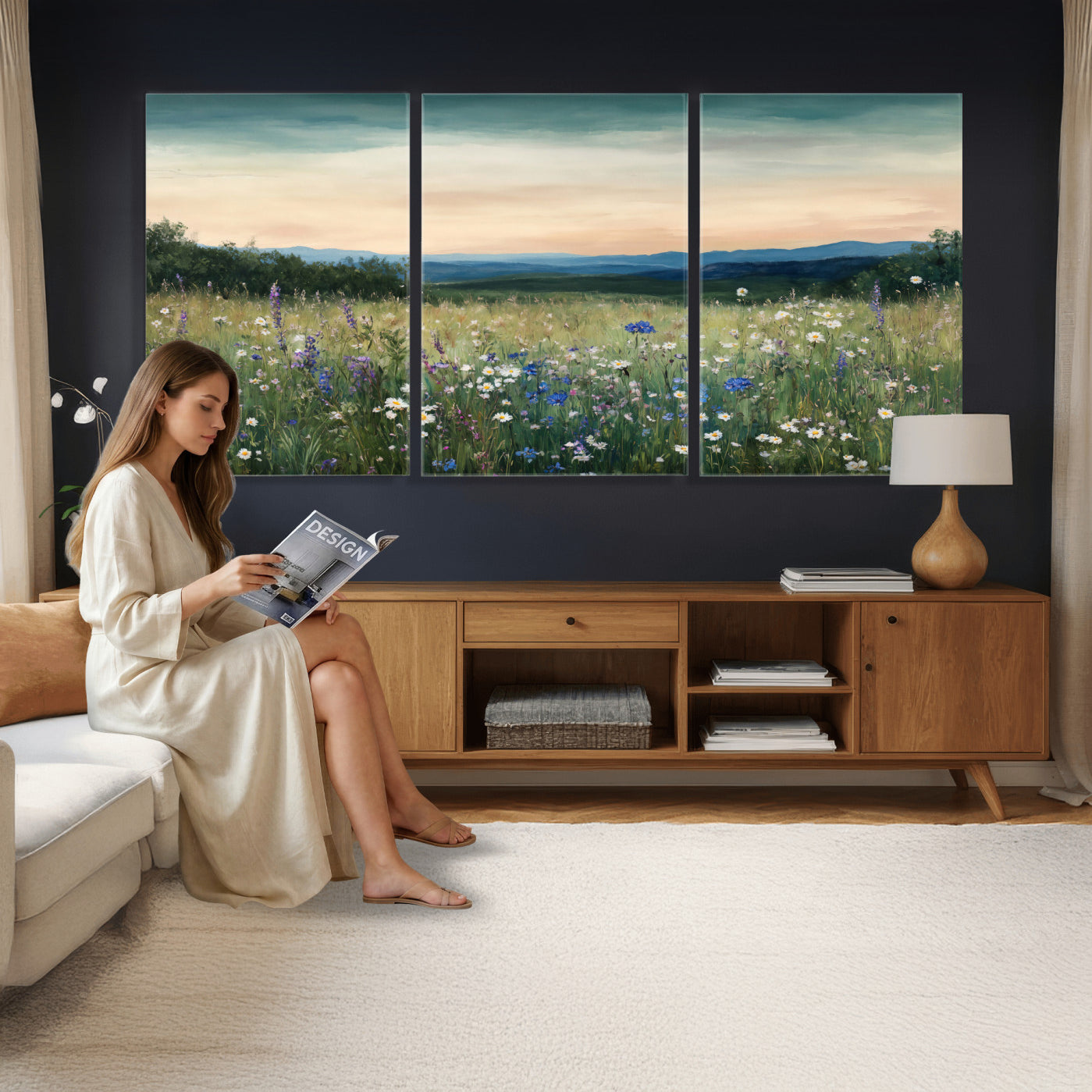 35773805-MGV-CV-36X24 - Wildflower Meadow Oil Painting Canvas Print - Daisy Lavender Mountain Sunset Print | Cottagecore Floral Wall Art - Bedroom Decor Gift for Her