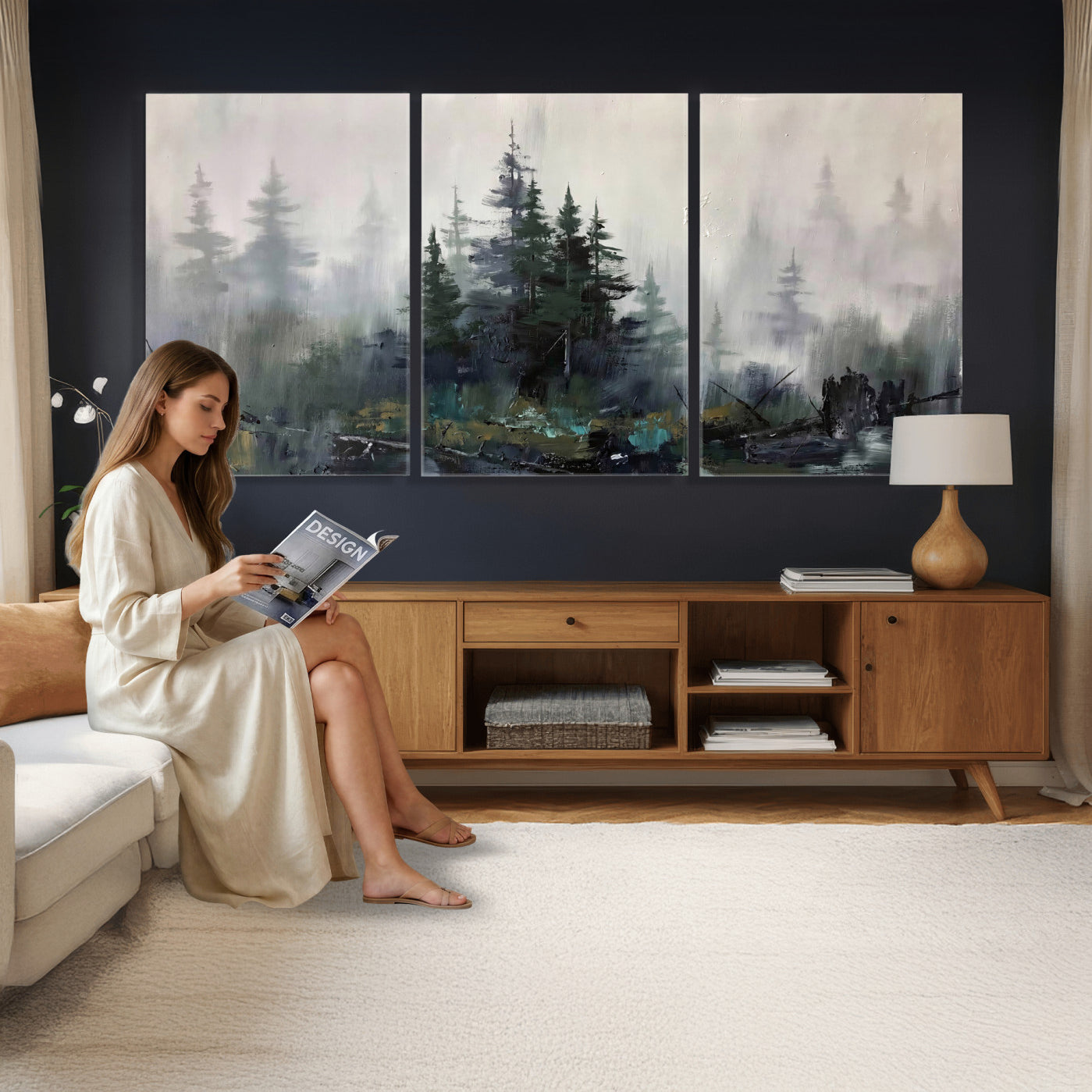 94143325-MGV-CV-36X24 - Misty Pine Forest Oil Painting Canvas — Dark Moody Teal Grey Tree Print | Japandi Scandinavian Wall Art | Minimalist Nature Decor Gift