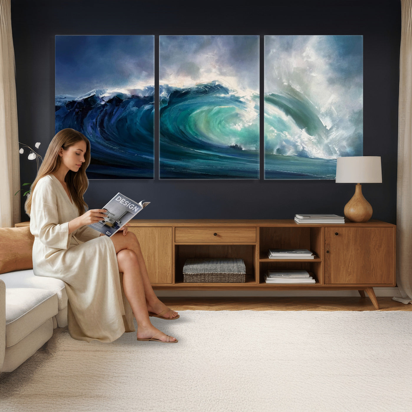 80752160-MGV-CV-60X30-3P - Ocean Wave Canvas Wall Art, Dramatic Teal Blue Seascape Oil Painting Print, Stormy Sea Coastal Decor, Large Beach House Art, Surf Wave Statement Art