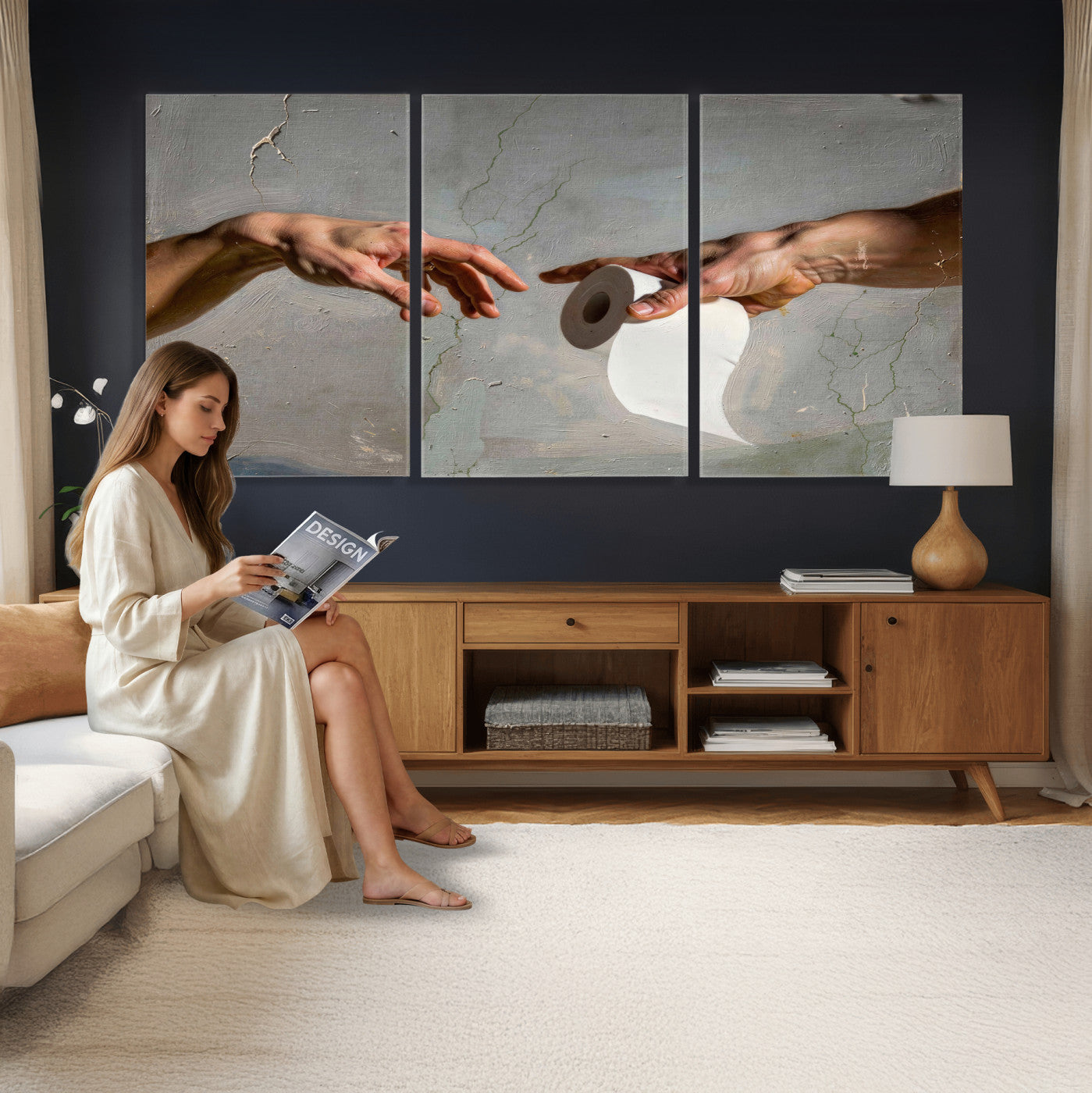 72030048-MGV-CV-36X24 - Funny Bathroom Wall Art Canvas, Creation of Toilet Paper Parody Print, Renaissance Humor Decor, Toilet Room Art, Quirky Housewarming Gift, Classic Art Spoof