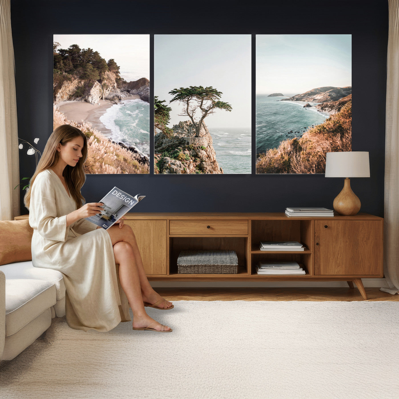 68839391G-MGV-CV-60X30-3P - California Coast Canvas Wall Art Set, Big Sur McWay Falls Lone Cypress Triptych Print, Coastal Photography Decor, Beach House Wall Art