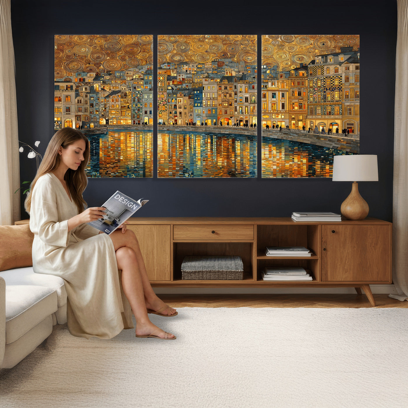 94022787-MGV-CV-36X24 - Gustav Klimt Golden Cityscape Wall Art Canvas Print, Framed River Town Landscape Artwork, Ornate Architecture Wall Decor for Living Room Bedroom Office