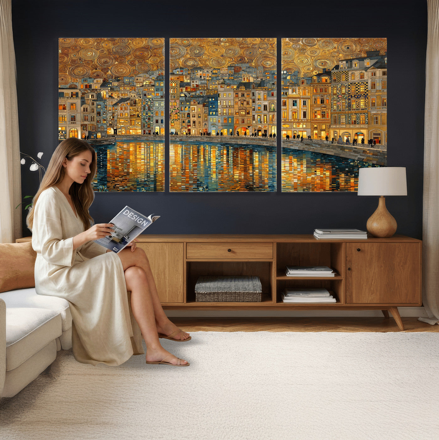 94022787-MGV-CV-36X24 - Gustav Klimt Golden Cityscape Wall Art Canvas Print, Framed River Town Landscape Artwork, Ornate Architecture Wall Decor for Living Room Bedroom Office