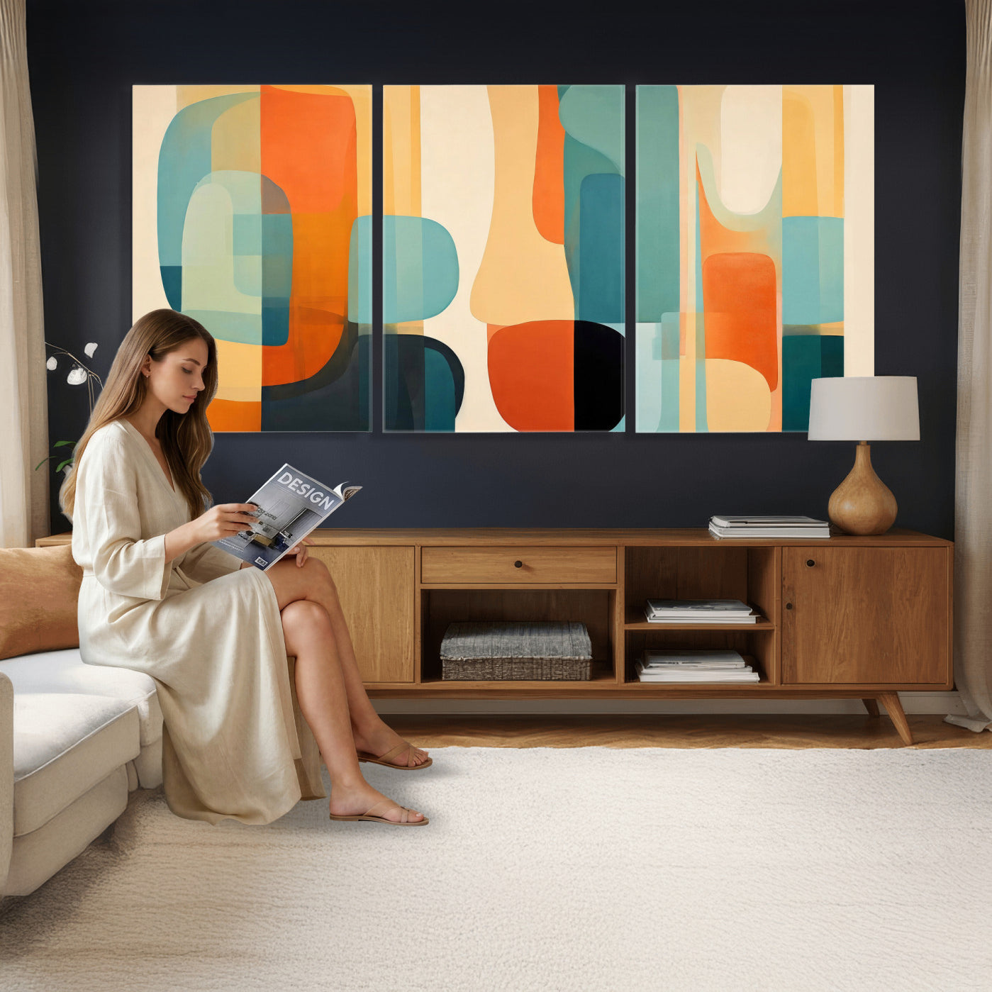71488451-MGV-CV-60X30-3P - Abstract Geometric Wall Art Canvas Print, Mid Century Modern Wall Art, Abstract Wall Art Canvas Print for Living Room Bedroom Office