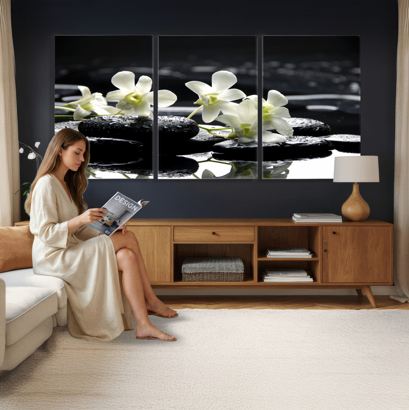 79486206-MGV-CV-36X24 - Plumeria Frangipani Black Stone Canvas | White Flower Spa Photography Print | Tropical Zen Wall Art | Grey Pebble Floral for Meditation Room Decor