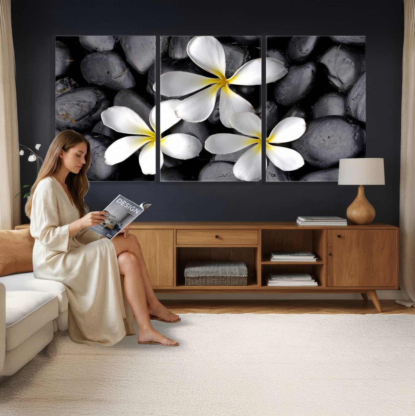 43639613-MGV-CV-36X24 - Plumeria Frangipani Black Stone Canvas | White Flower Spa Photography Print | Tropical Zen Wall Art | Grey Pebble Floral Decor