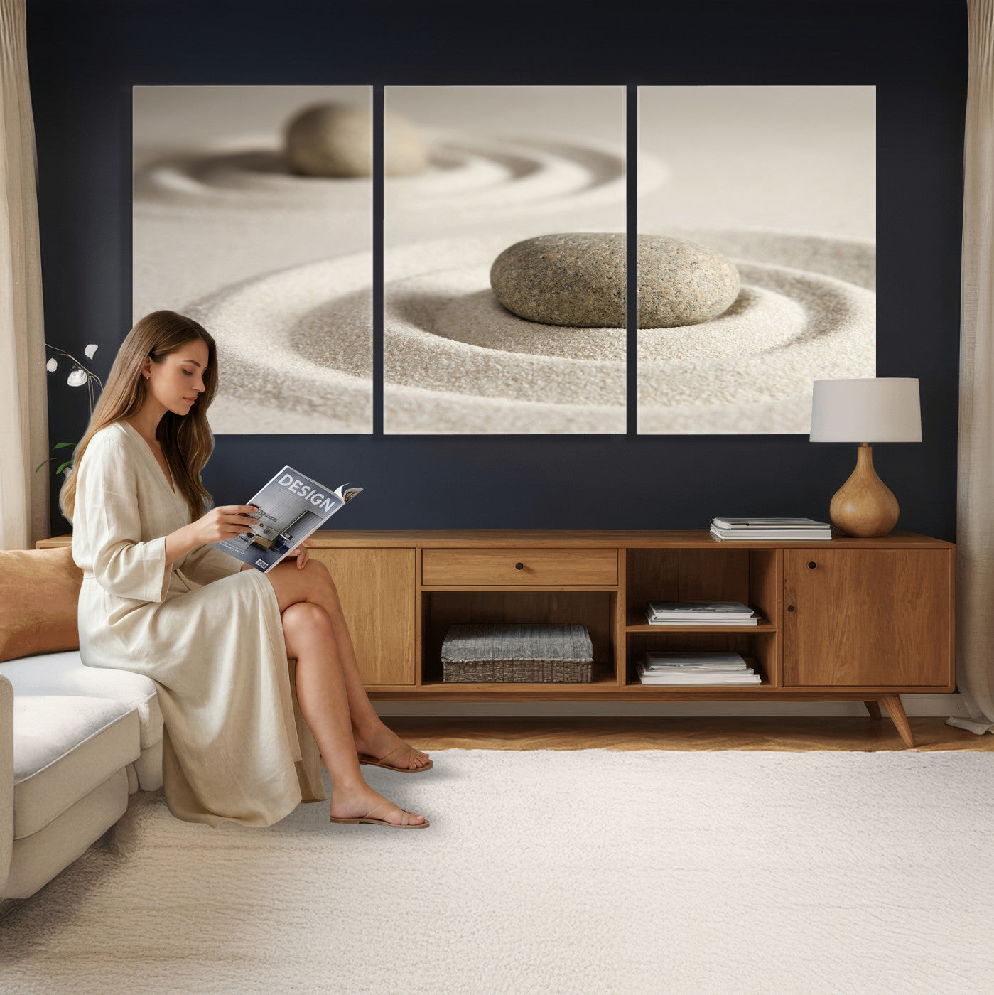 13397966-MGV-CV-36X24 - Zen Garden Stone Sand Canvas | Japanese Rock Garden Wall Art | Minimalist Meditation Print | Neutral Beige Mindfulness Decor