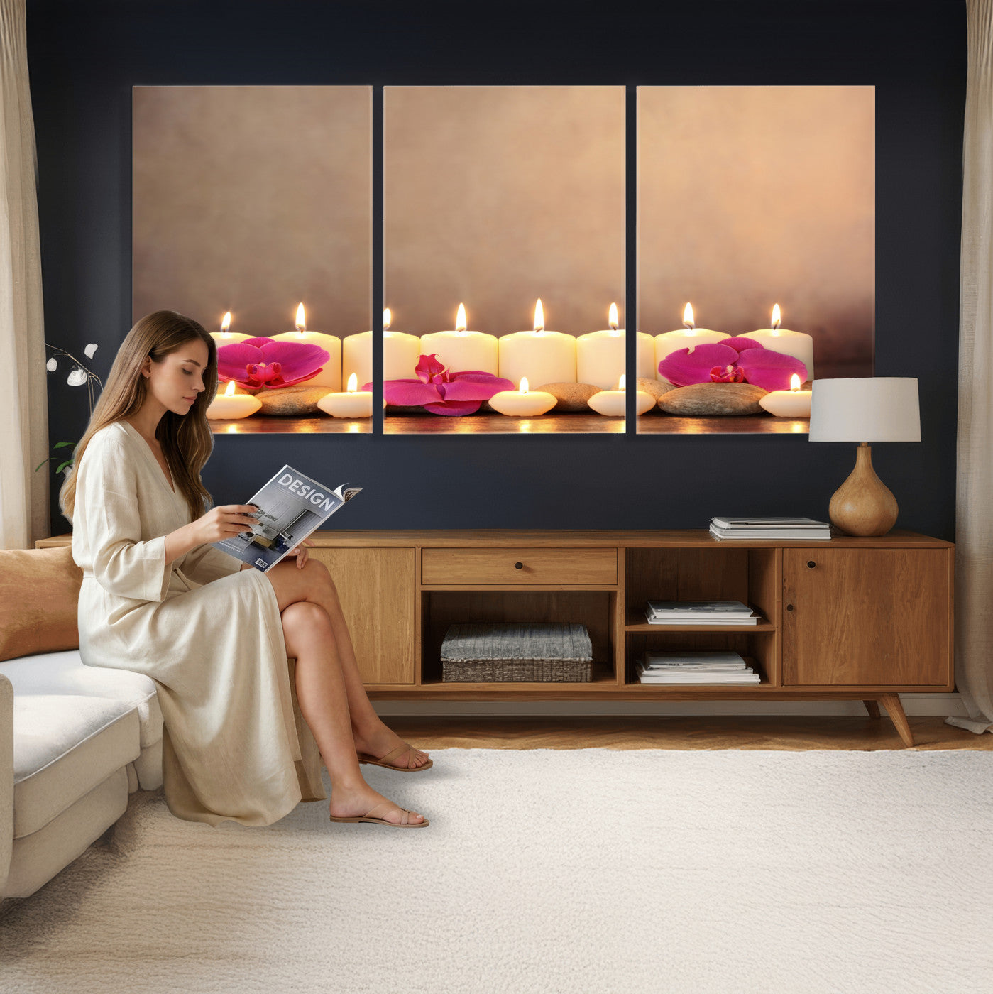 59470569-MGV-CV-36X24 - Spa Candles Orchid Canvas Print | Zen Wellness Relaxation Wall Art | Pink Flower Candlelight Bathroom Decor | Calm Beige Photography