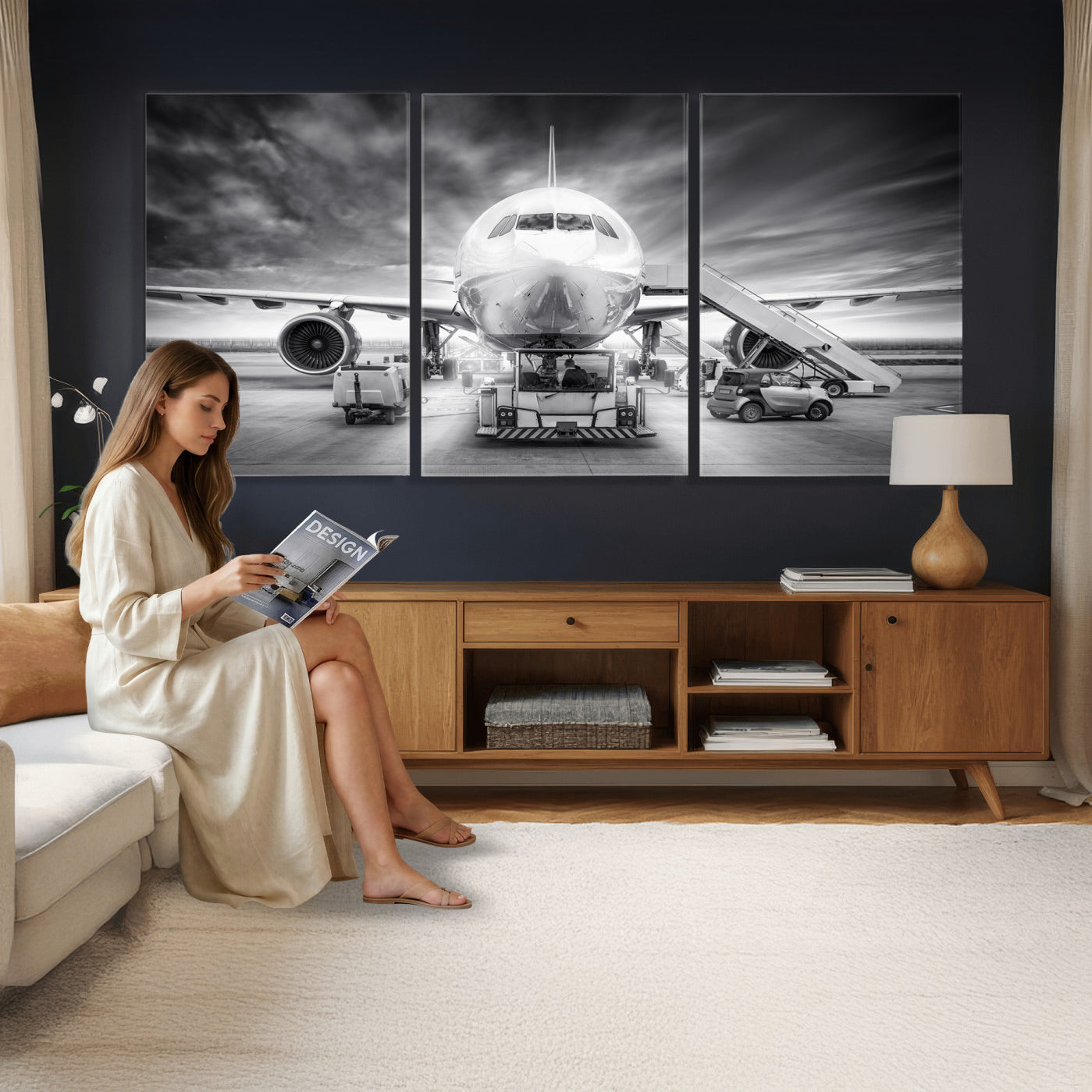 85885848-MGV-CV-36X24 - Airplane Wall Art Canvas Print, Black and White Jet Aircraft Airport Runway Framed Aviation Artwork for Pilot Office Hangar Travel Decor