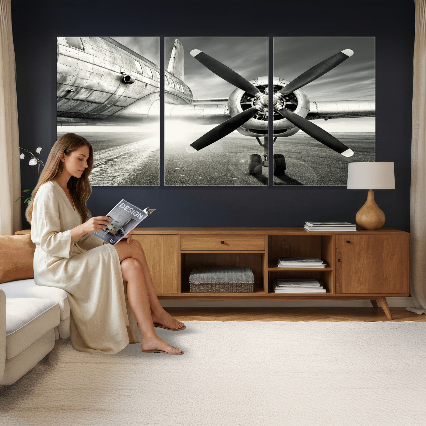 16420255-MGV-CV-36X24 - Vintage Airplane Wall Art Canvas Print, Black and White Propeller Aircraft Framed Aviation Artwork for Pilot Office Hangar Living Room Decor