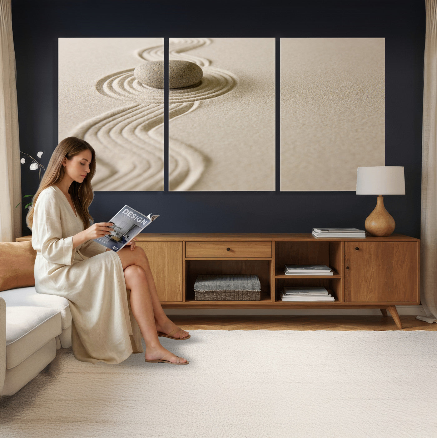 66852661-MGV-CV-36X24 - Zen Garden Stone Sand Canvas | Japanese Rock Garden Wall Art | Minimalist Meditation Print | Neutral Beige Mindfulness Decor