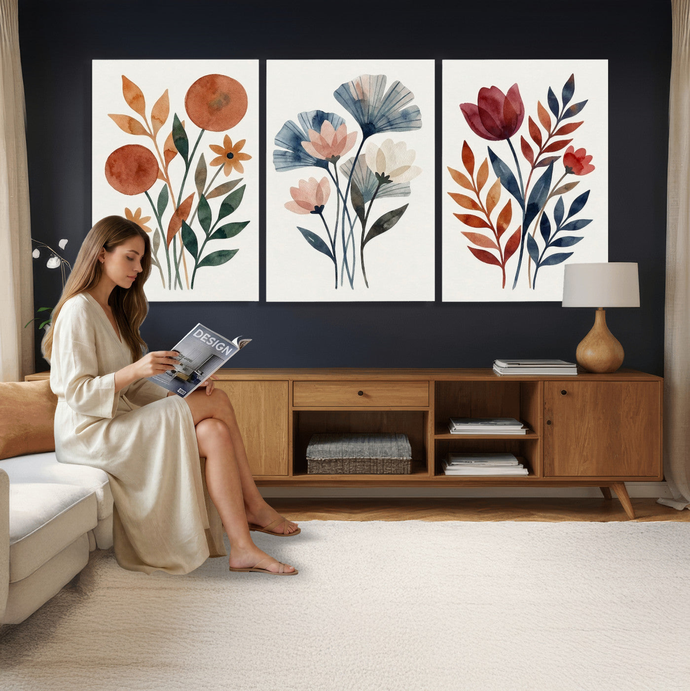 95190931-MGV-CV-60X30-3P - Watercolor Botanical Canvas Wall Art Set, Navy Terracotta Floral Triptych Print, Minimalist Flower Decor, Boho Living Room Art, Scandinavian Nature Print