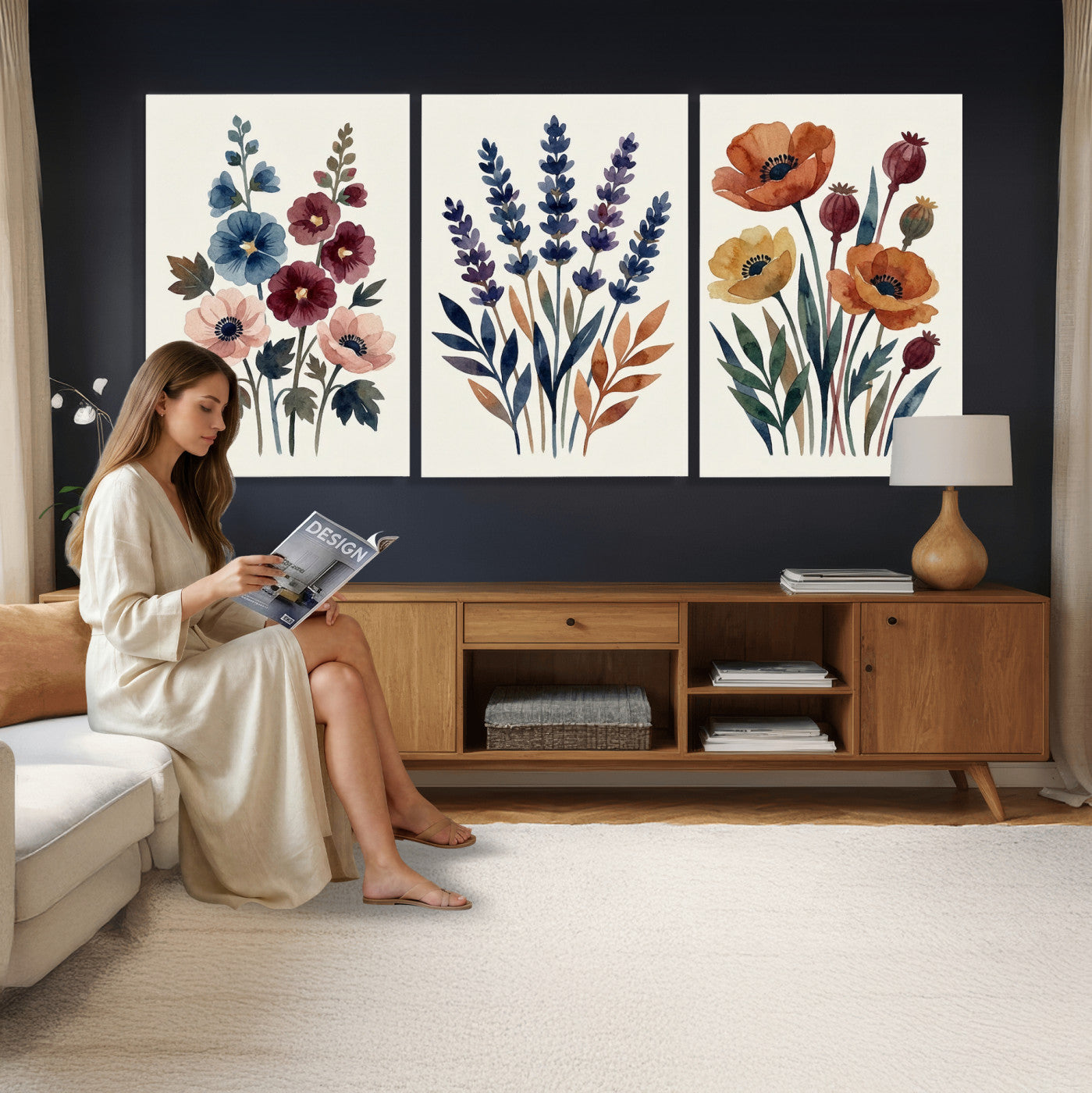 66468390-MGV-CV-60X30-3P - Watercolor Botanical Canvas Wall Art Set, Navy Terracotta Floral Triptych Print, Minimalist Flower Decor, Boho Living Room Art, Scandinavian Nature Print