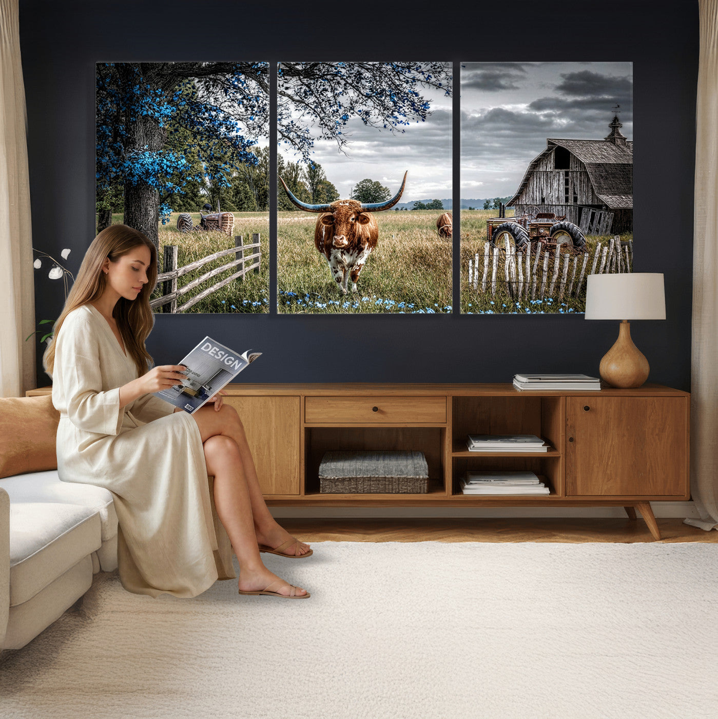 40526446-MGV-CV-60X30-3P - Texas Longhorn Canvas Wall Art, Rustic Farm Barn Bluebonnet Photography Print, Farmhouse Country Decor, Western Ranch Art, Old Truck Tractor Print