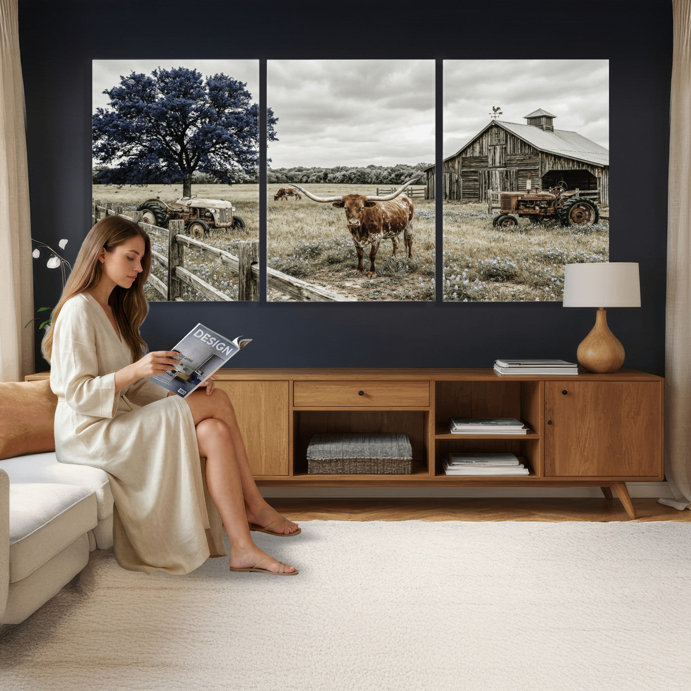 34049737-MGV-CV-60X30-3P - Texas Longhorn Canvas Wall Art, Rustic Farm Barn Bluebonnet Photography Print, Farmhouse Country Decor, Western Ranch Art, Old Truck Tractor Print