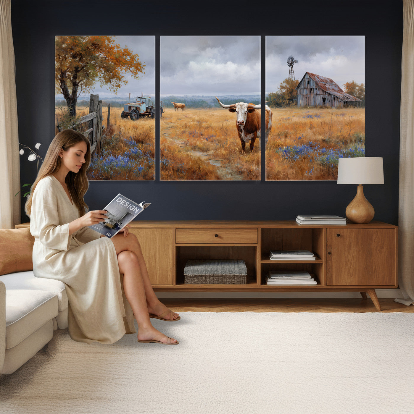 25324907-MGV-CV-60X30-3P - Texas Longhorn Canvas Wall Art, Rustic Farm Barn Bluebonnet Photography Print, Farmhouse Country Decor, Western Ranch Art, Old Truck Tractor Print