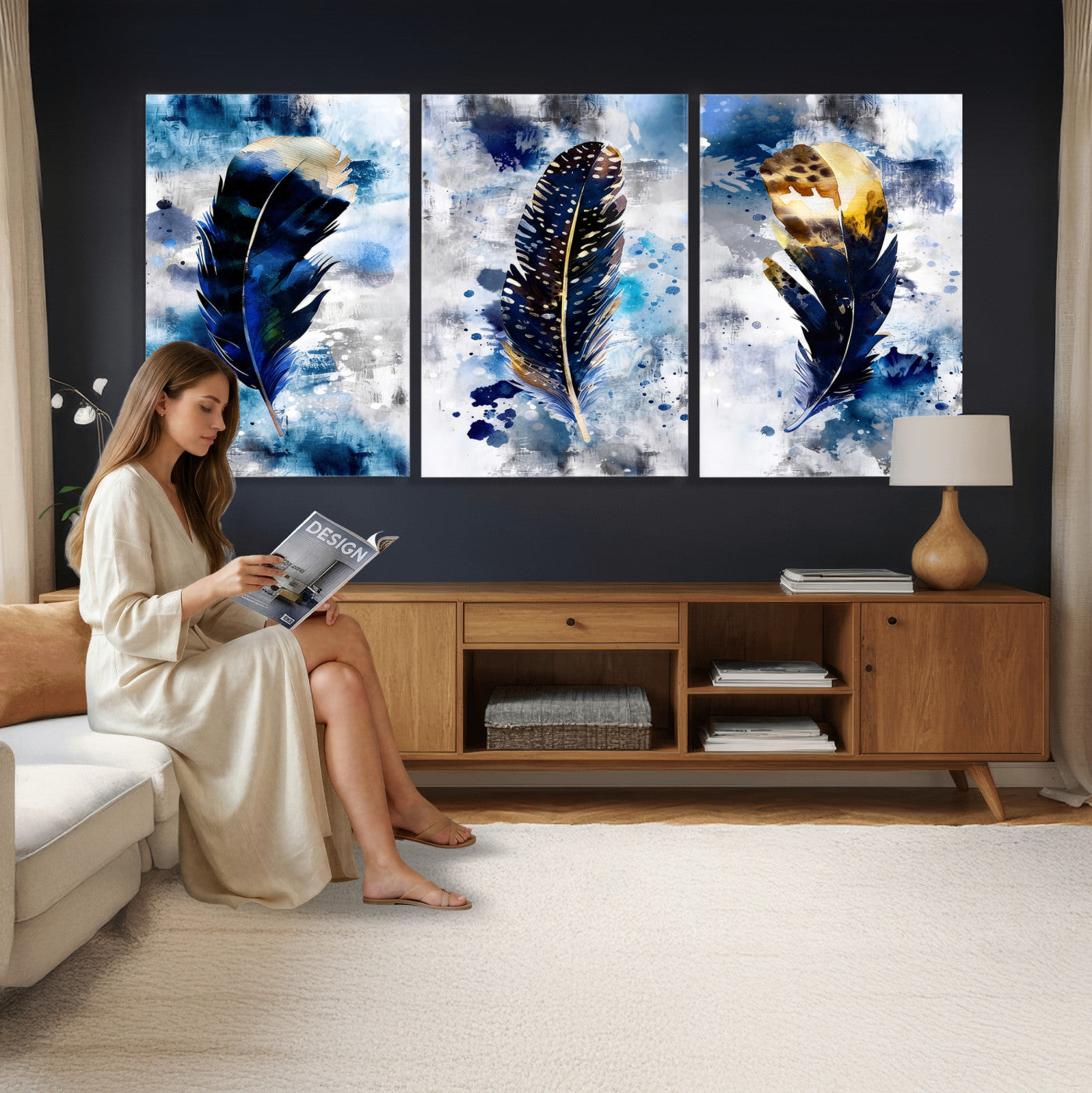 74325132F-MGV-CV-60X30-3P - Feather Canvas Wall Art Navy Blue Gold Watercolor Abstract Boho Eclectic Framed Large for Living Room Bedroom Office Entryway Decor