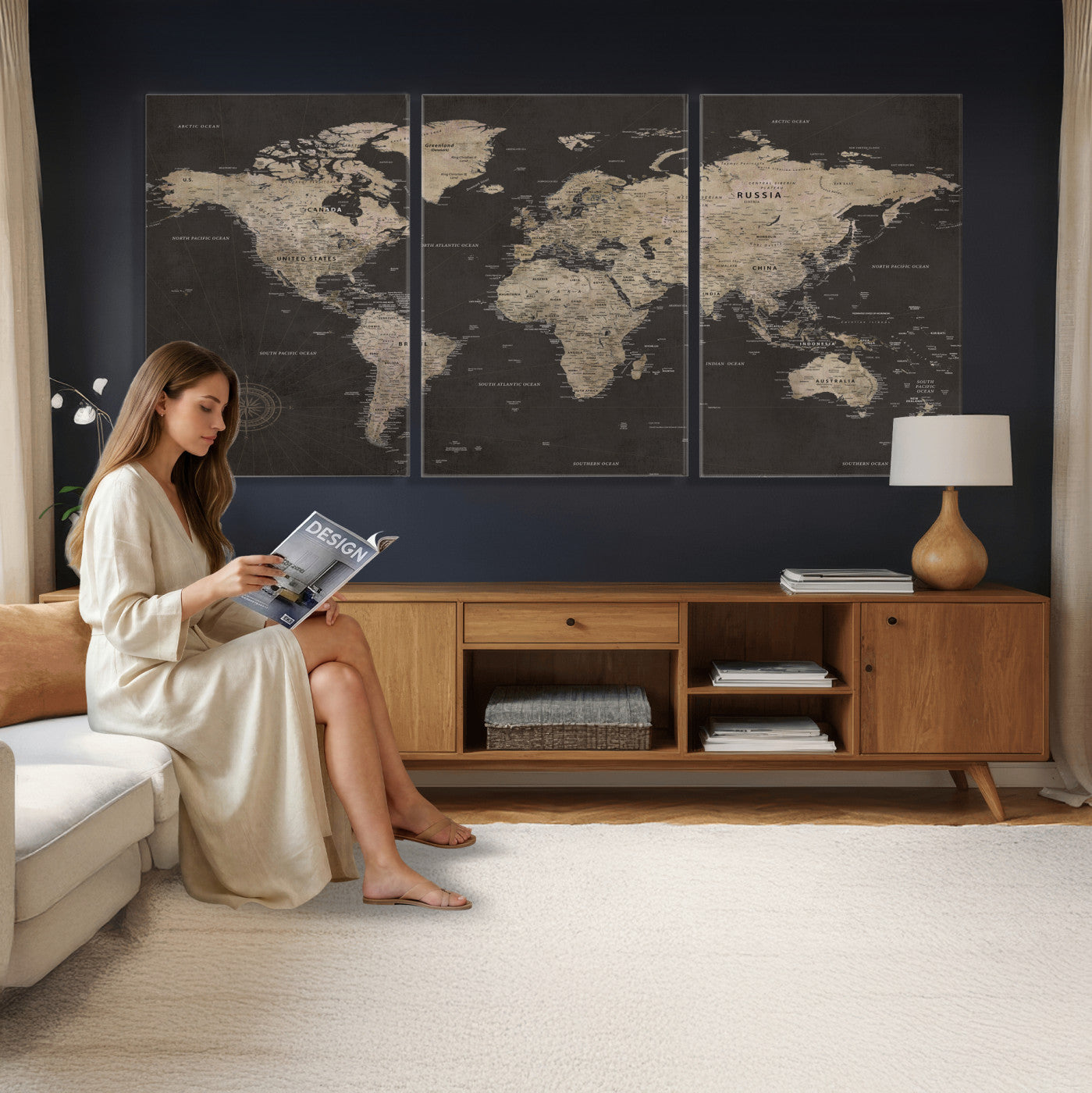 56556018136-MGV-CV-36X24 - World Map Canvas Wall Art Dark Charcoal Antique Tan Detailed Every Country Labeled Framed Large for Home Office Living Room Bedroom Decor