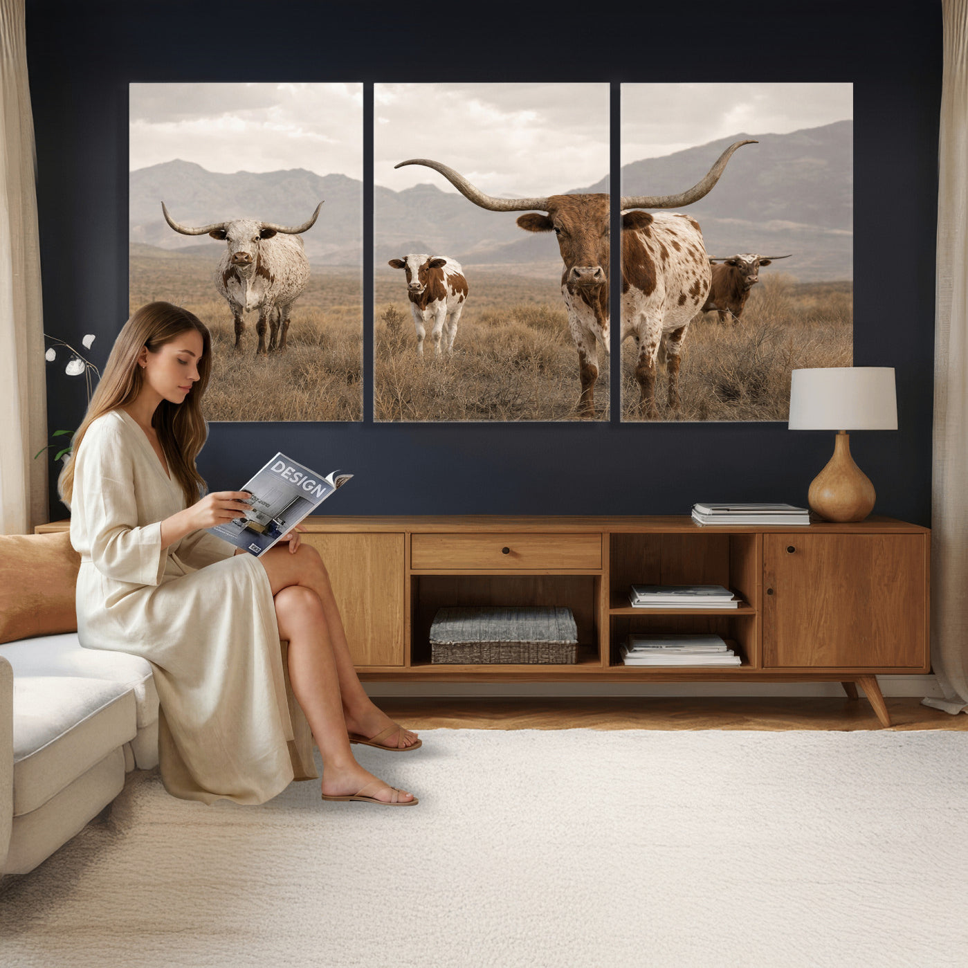 62336425AD-MGV-CV-36X24 - Rustic Texas Longhorn Cow Canvas Wall Art Print, Rustic Farm Animal Photography Print, Farmhouse Country Decor, Western Ranch Art