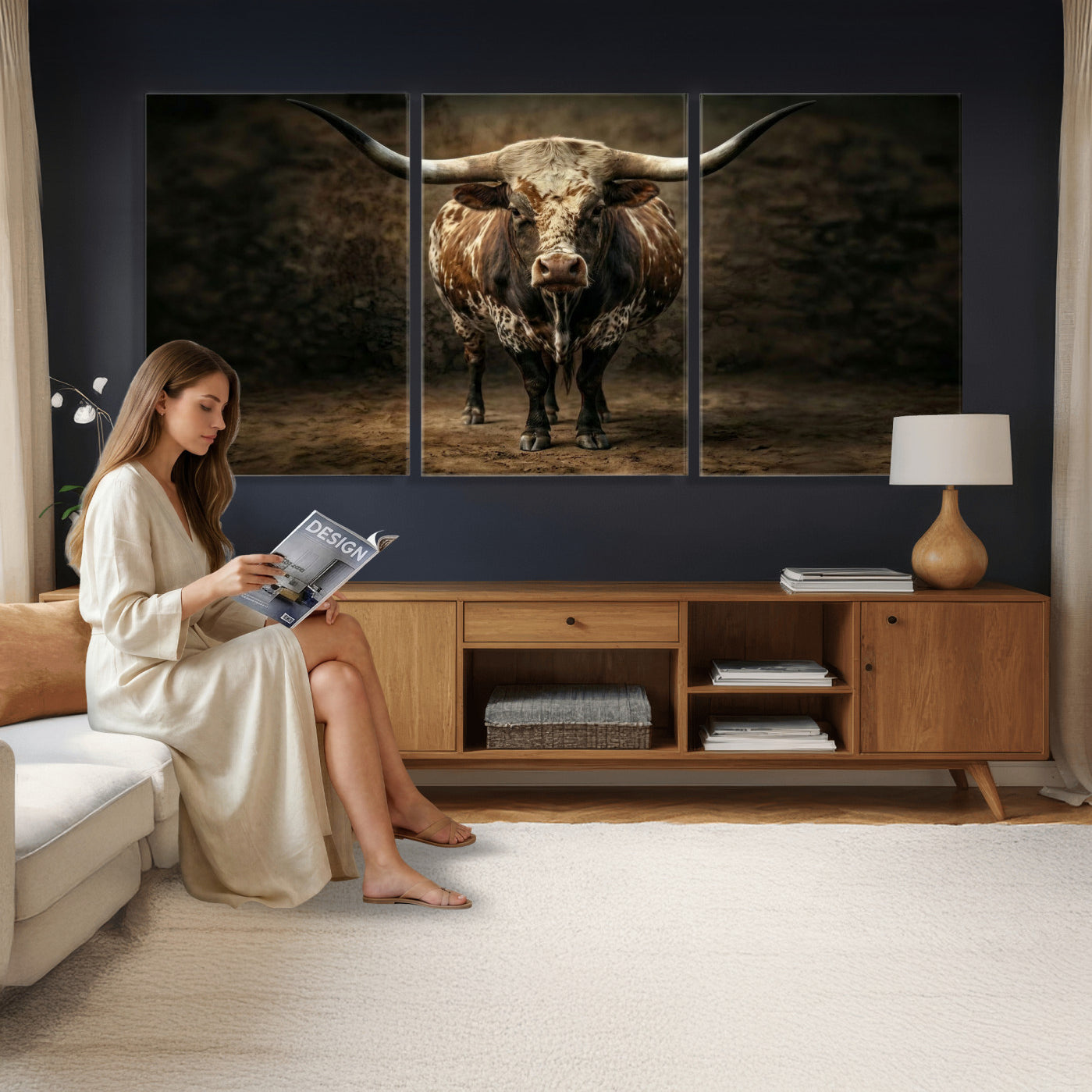 59378683-MGV-CV-60X30-3P - Texas Longhorn Bull Canvas Wall Art, Western Ranch Cattle Photography Print, Rustic Farmhouse Cowboy Decor Artwork