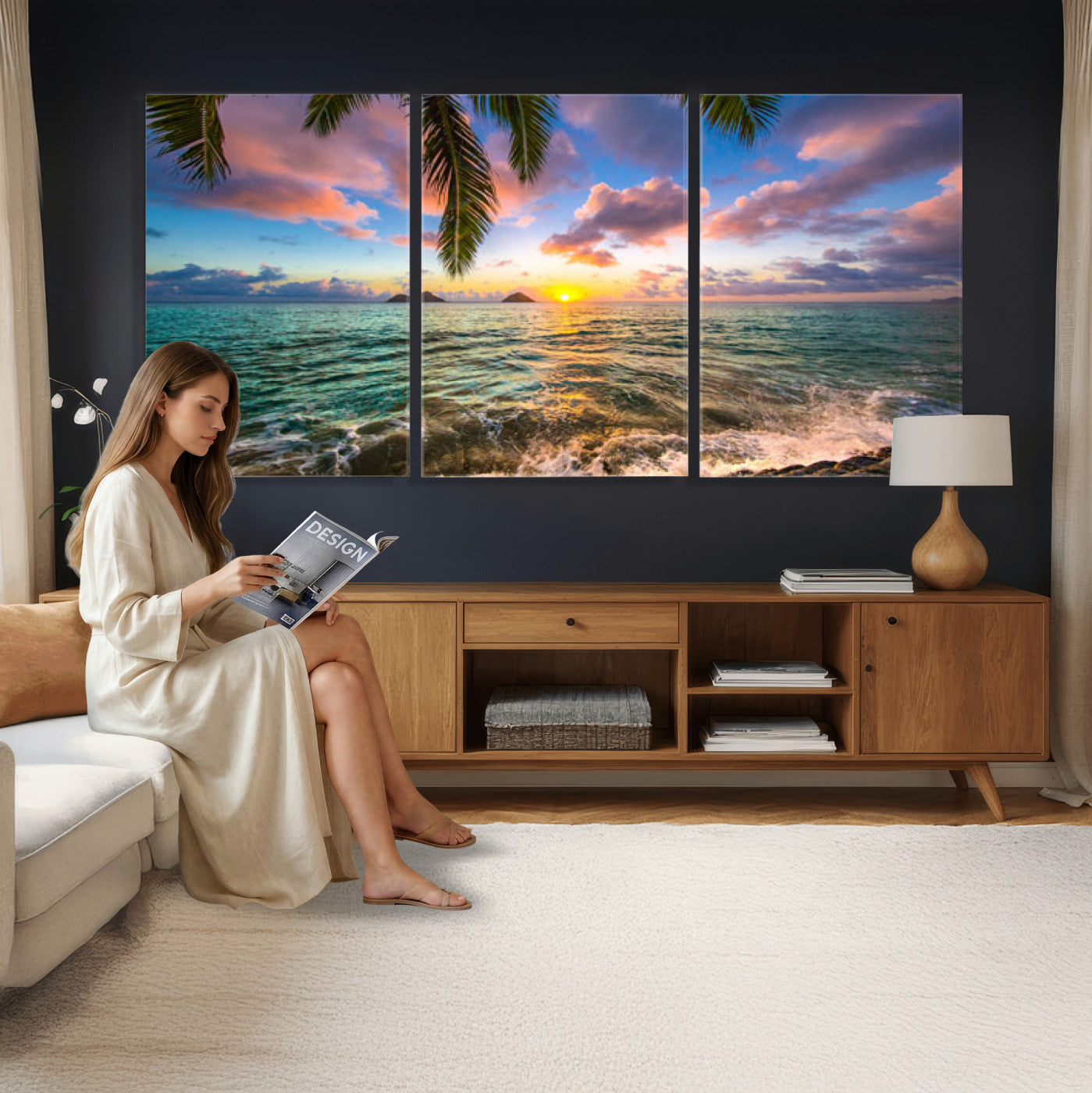 13207742-MGV-CV-36X24 - Hawaii Beach Sunset Canvas Wall Art Print, Tropical Ocean Landscape Artwork, Palm Tree Coastal Decor for Living Room Bedroom