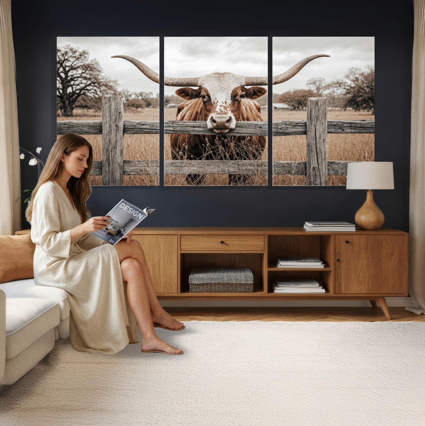 59378683N-MGV-CV-60X30-3P - Farmhouse Texas Longhorn Bull Canvas Wall Art, Western Ranch Cattle Photography Print, Rustic Barn Cowboy Decor Artwork