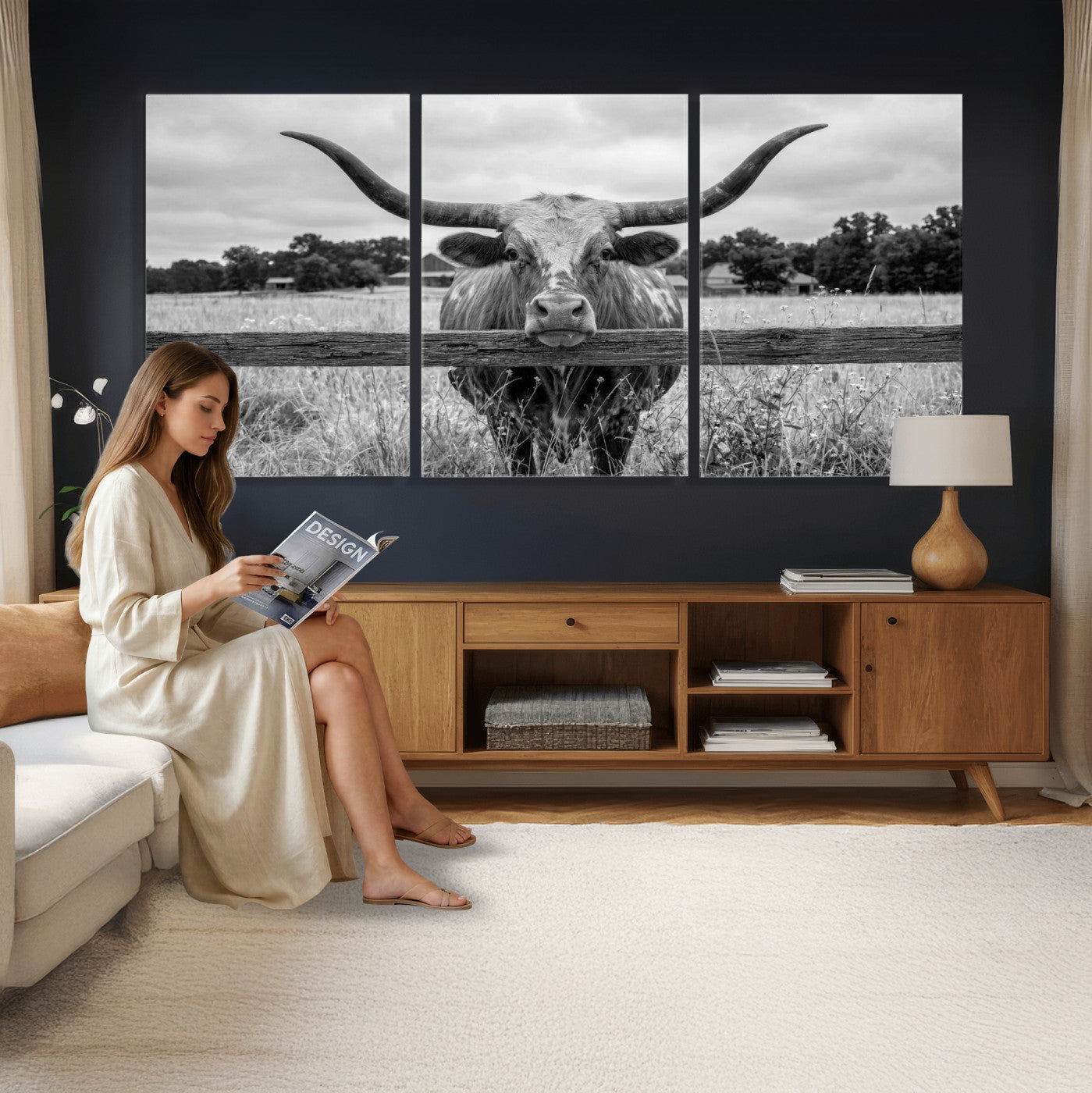 59378683-MGV-CV-60X30-3P - Black White Texas Longhorn Bull Canvas Wall Art, Western Ranch Cattle Photography Print, Rustic Farmhouse Cowboy Decor Artwork