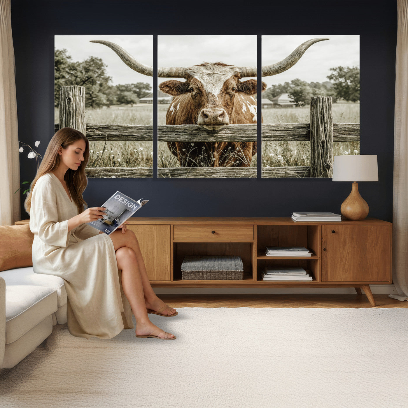 59378683M-MGV-CV-60X30-3P - Large Farmhouse Texas Longhorn Bull Canvas Wall Art, Western Ranch Cattle Photography Print, Rustic Barn Cowboy Decor Artwork